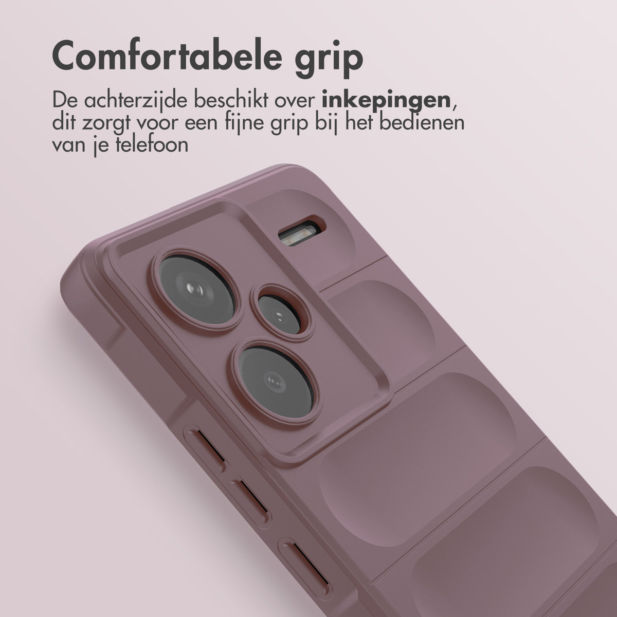 Paarse telefoonhoes, close-up van de achterkant met inkepingen voor grip.