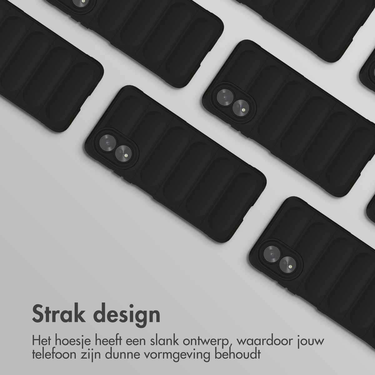 Coques de téléphone noires disposées sur une surface gris clair avec texte.