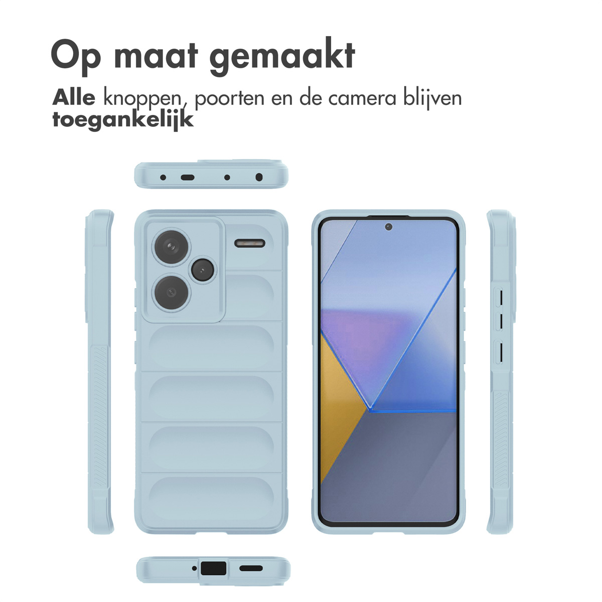 Telefoonhoes in onderdelen, met een telefoon erin. De hoes is lichtblauw, met een camerabult en knoppen.
