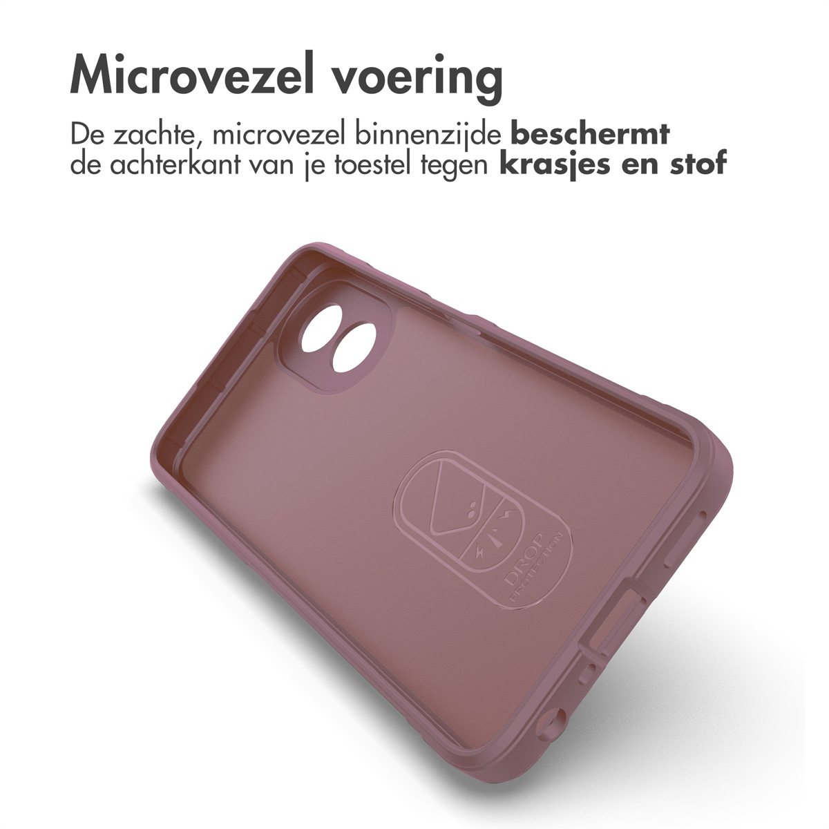Intérieur de coque de téléphone rose avec un logo et fond blanc.