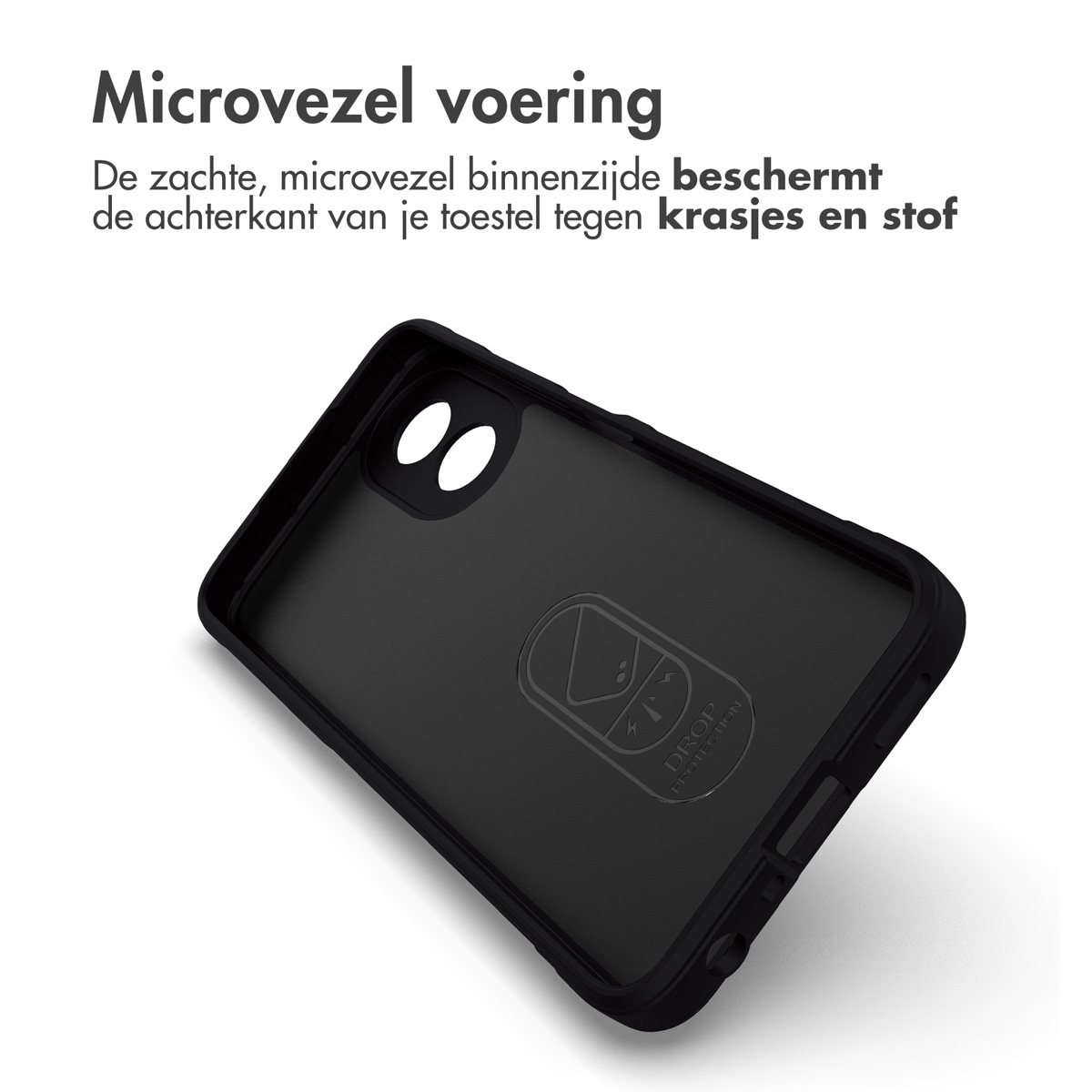 Coque de téléphone noire avec doublure en microfibre et découpe pour appareil photo.