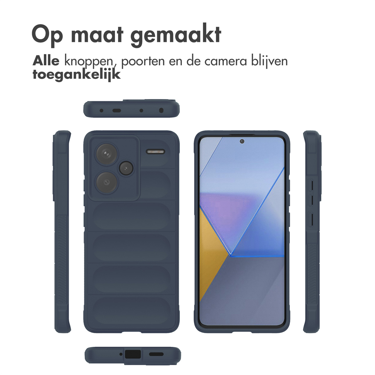 Marineblauwe telefoonhoes met uitsparingen. Telefoon rechts. Tekst in het Nederlands.