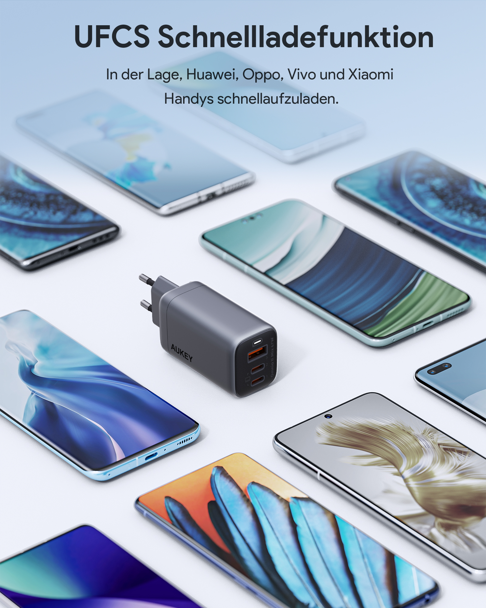 Ladegerät mit mehreren Anschlüssen, umgeben von Smartphones, wirbt für schnelles Laden.