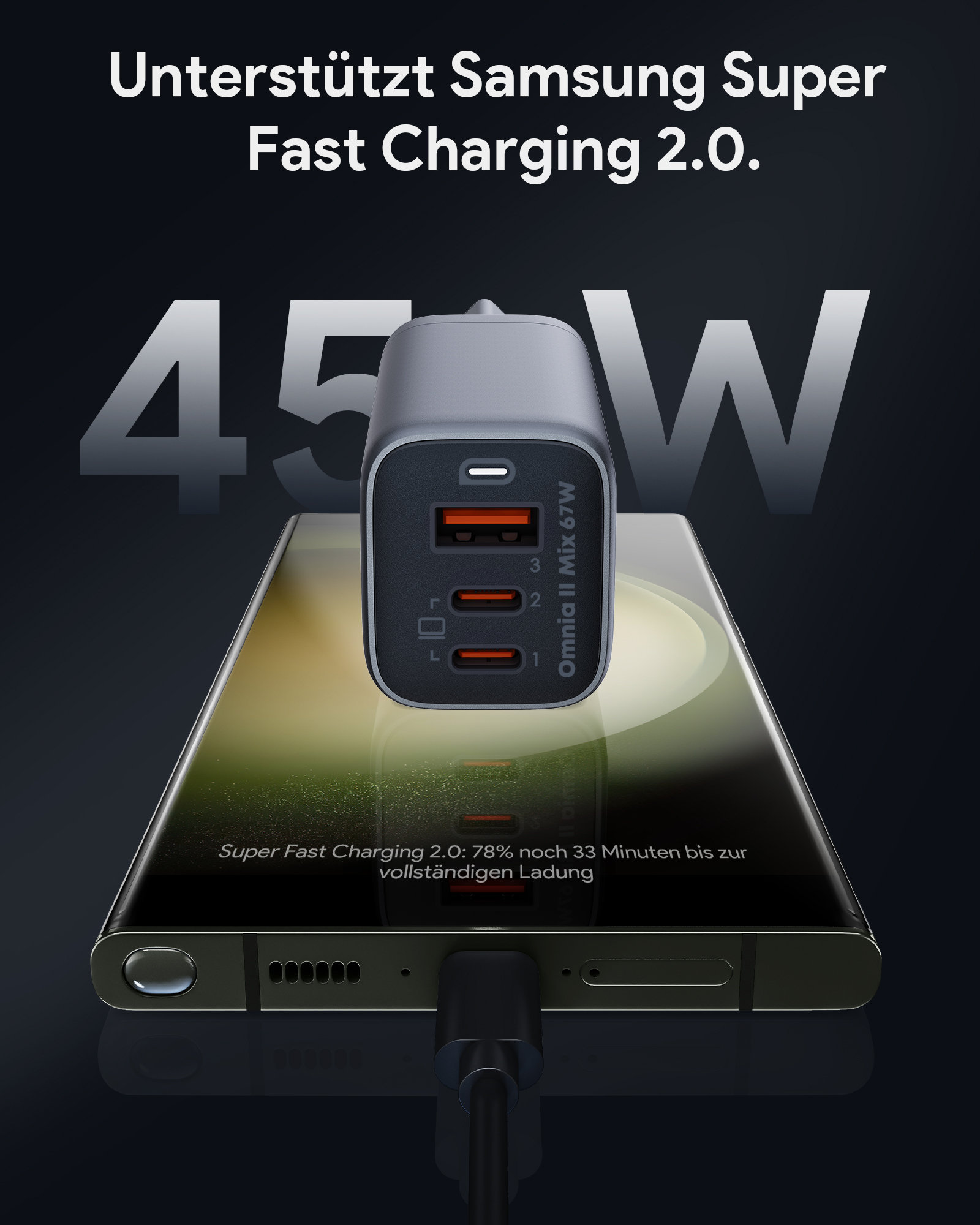 Ein Telefon, das mit einem grauen Adapter aufgeladen wird, der Adapter ist an das Telefon angeschlossen, vor schwarzem Hintergrund.