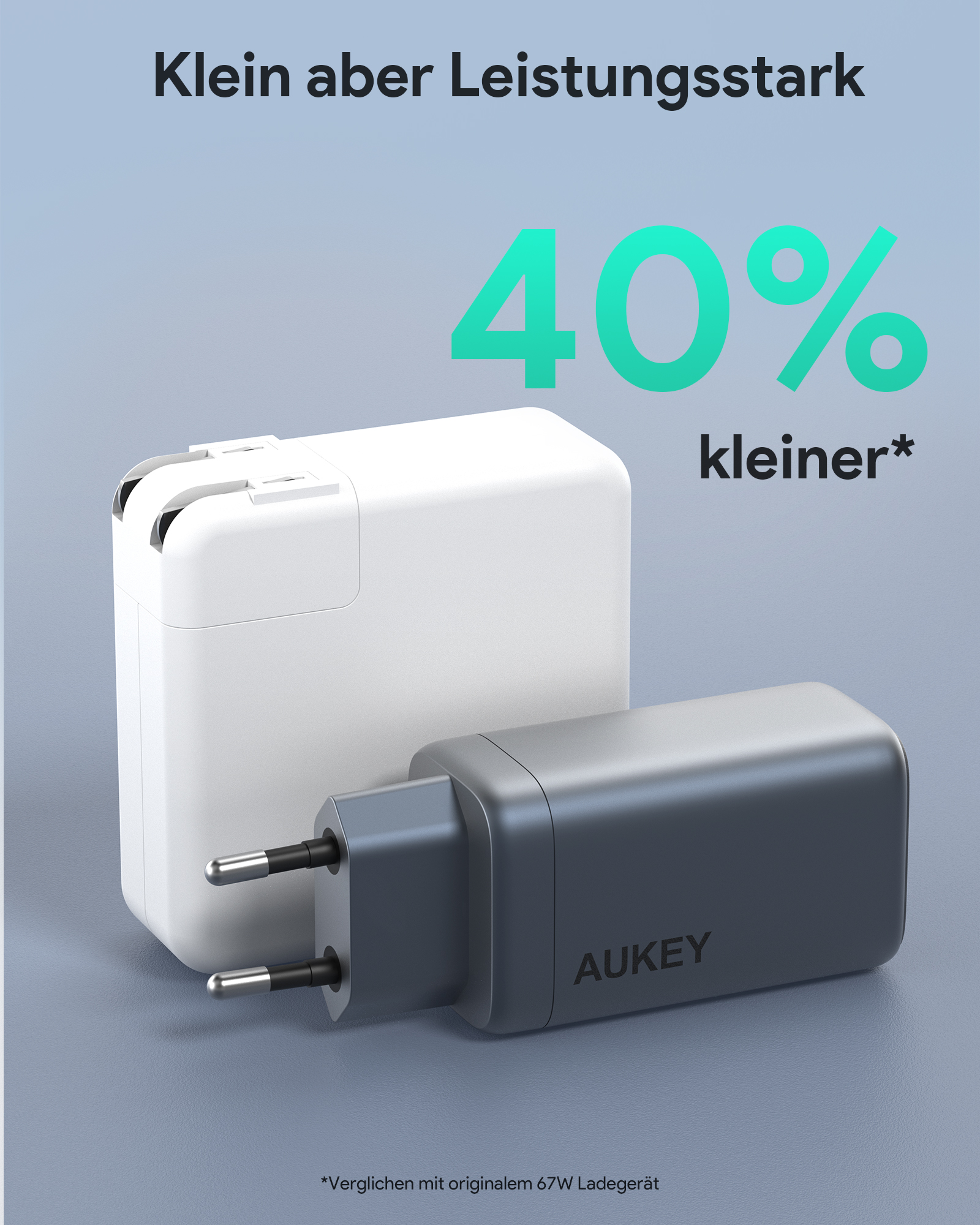 Zwei Ladegeräte, eines weiß und eines schwarz, mit Text '40% kleiner'.