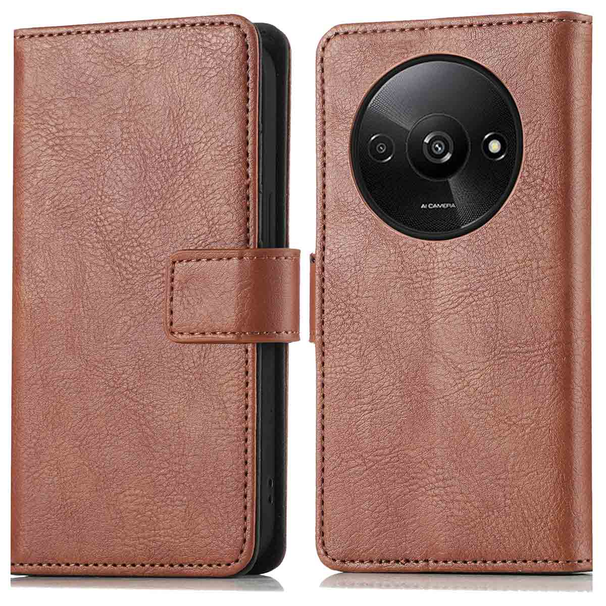 Bruin leren telefoonhoesje, met een camera-uitsparing en een magnetische sluiting.