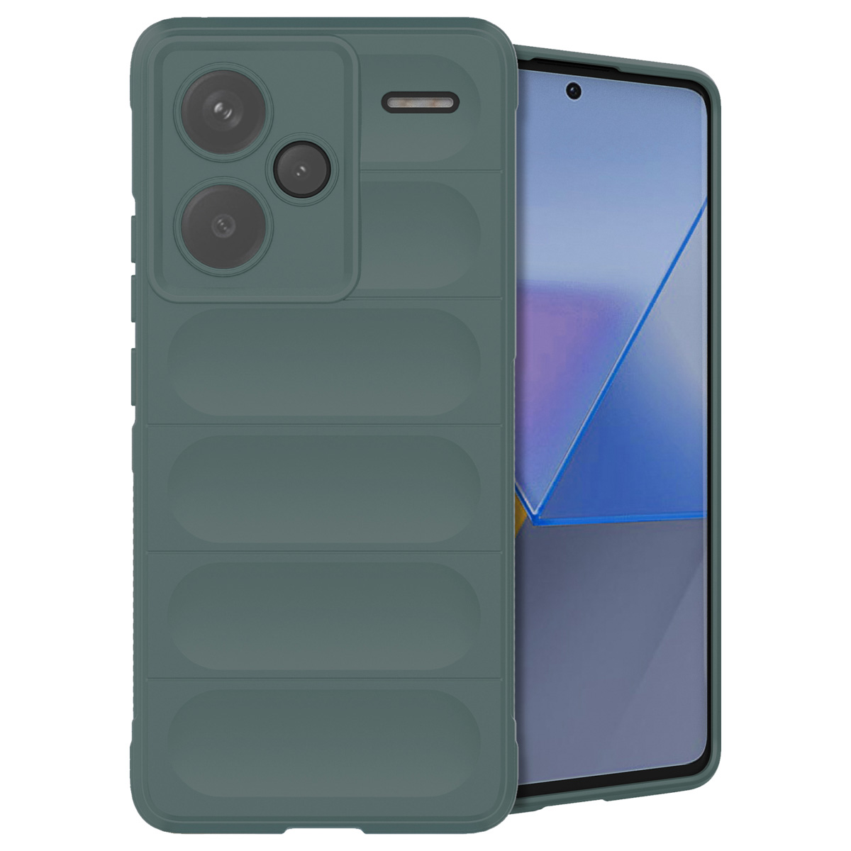 Telefoon met donkergroene hoes. Het scherm is zichtbaar. Het ontwerp van de hoes.