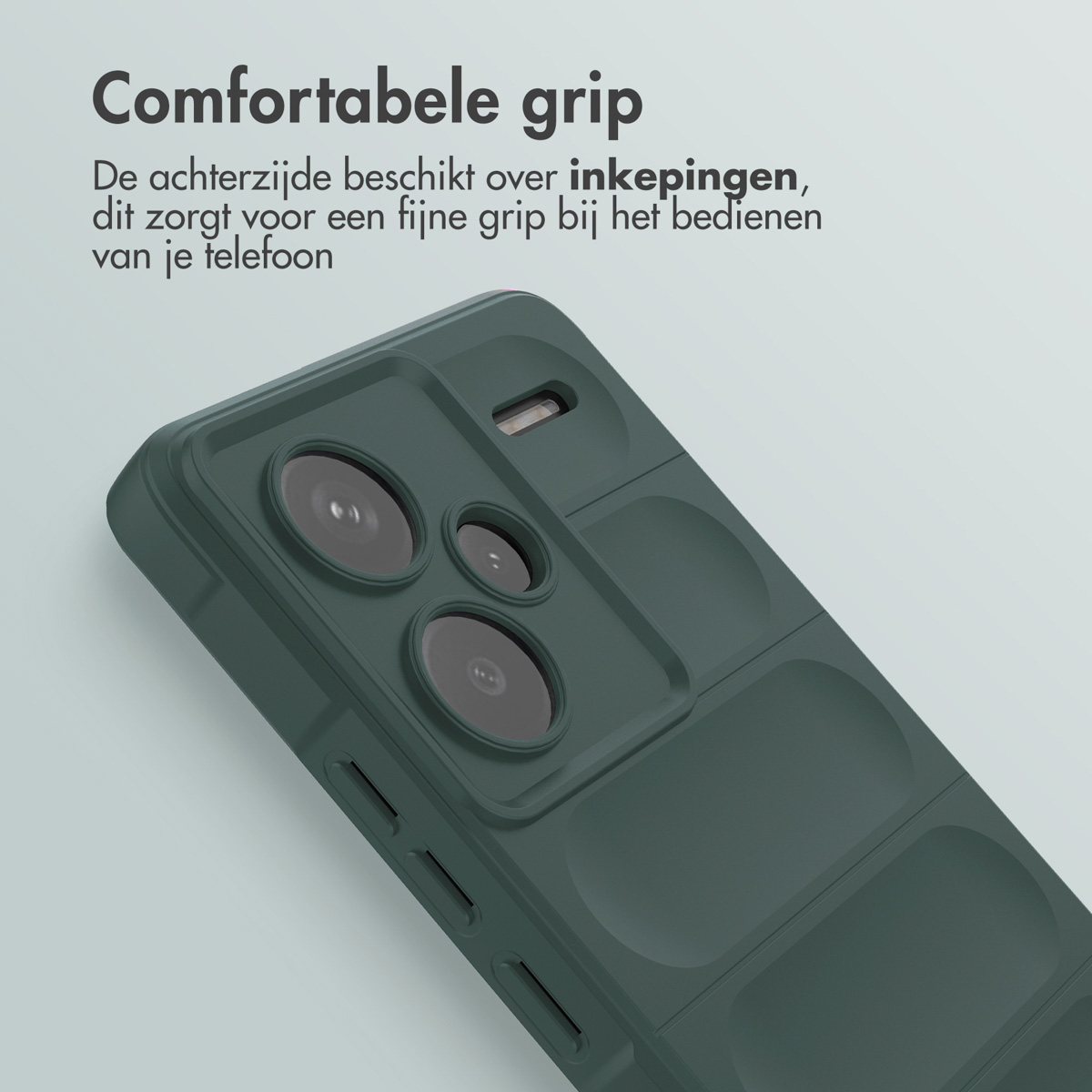 Groene telefoonhoes met getextureerde achterkant. Tekst: Comfortabele grip.