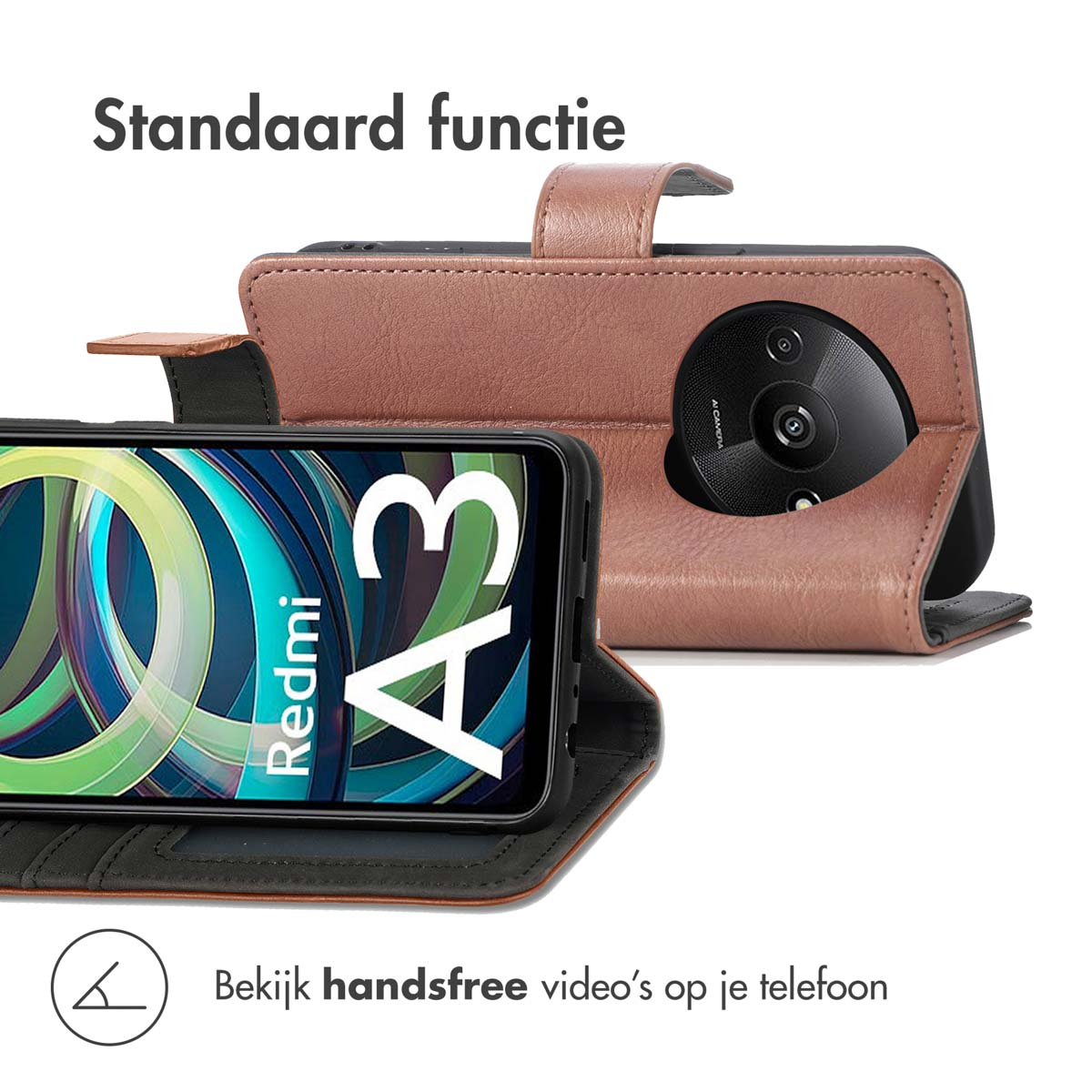 Bruine telefoonhoes met standaardfunctie en een Redmi A3 smartphone.