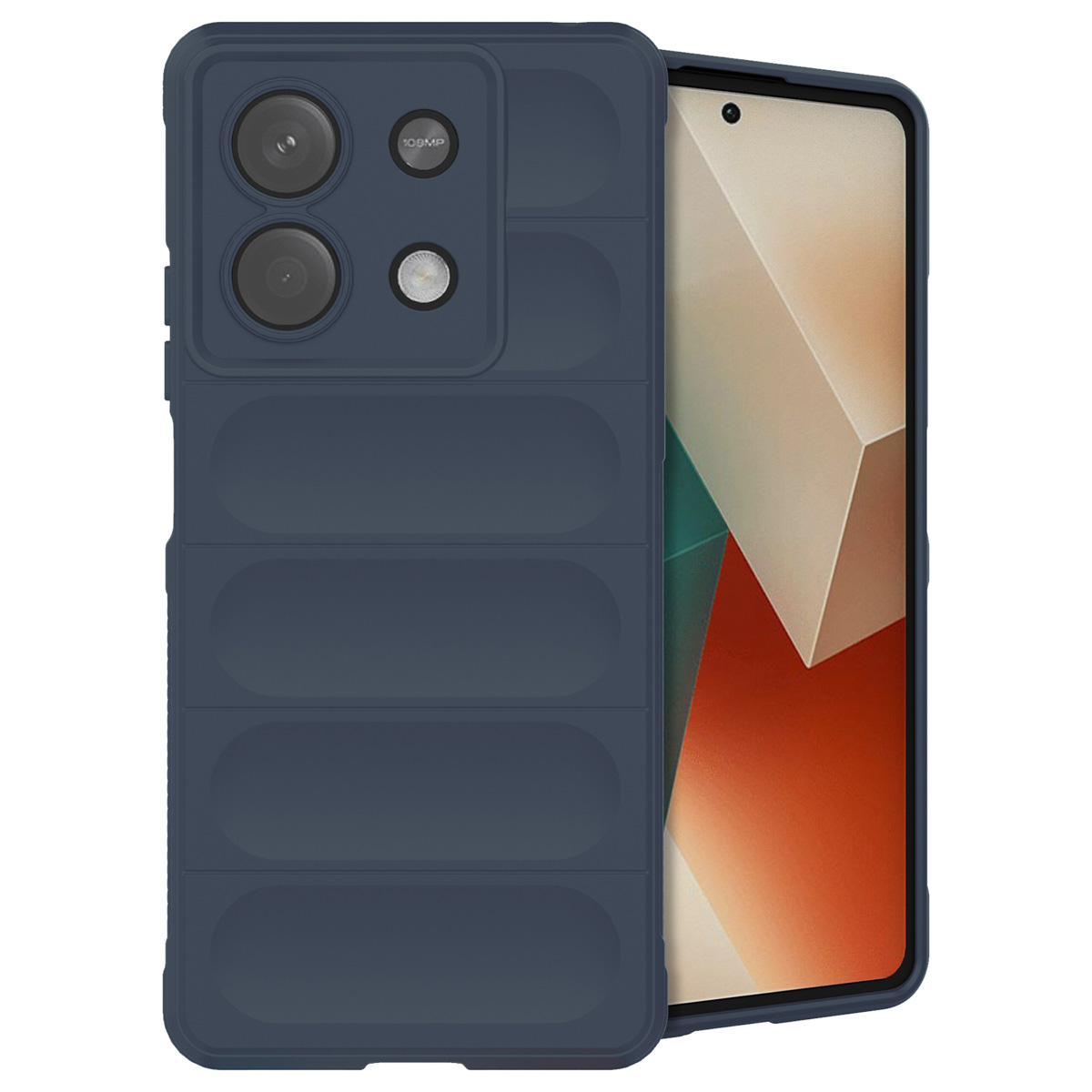 Blauwe telefoonhoes op een telefoon met een scherm met een geometrisch patroon.