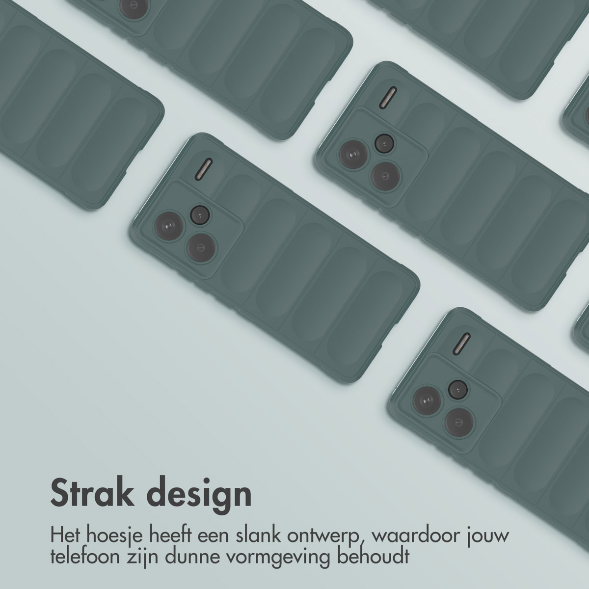 Meerdere donkergroene telefoonhoesjes met ribbeldesign op een lichtgrijze achtergrond.