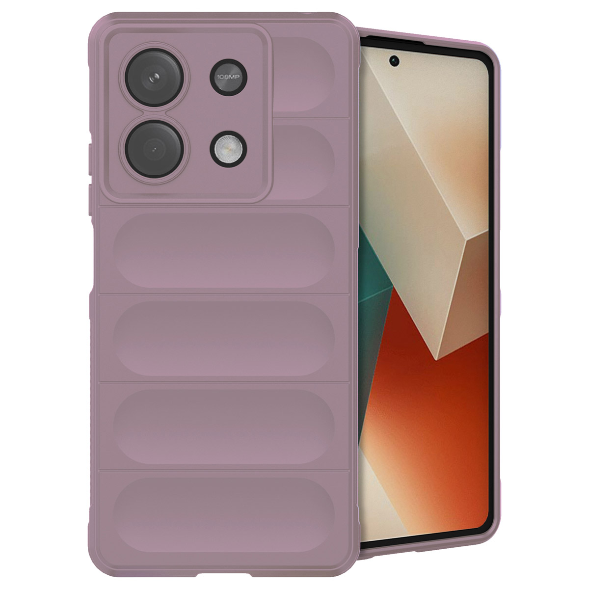 Een paarse telefoonhoes met een telefoon erin. De telefoon heeft een scherm en camera.