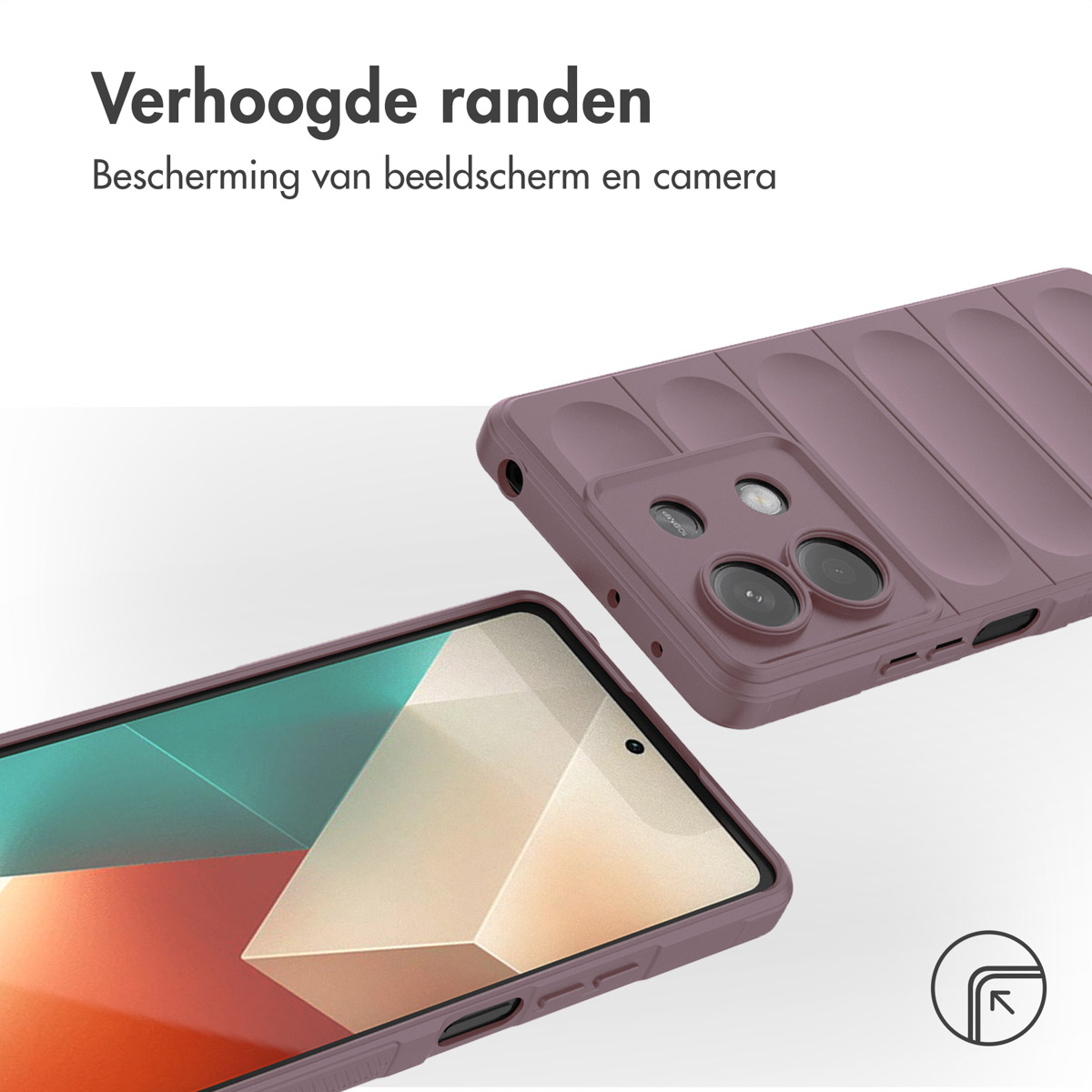Paarse telefoonhoes met verhoogde randen voor scherm- en camerabescherming.