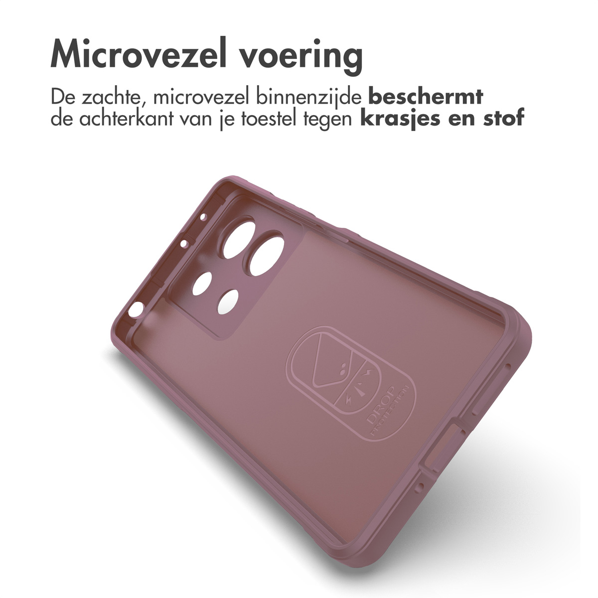 Een roze telefoonhoes met microvezelvoering en "Drop Protection" logo.