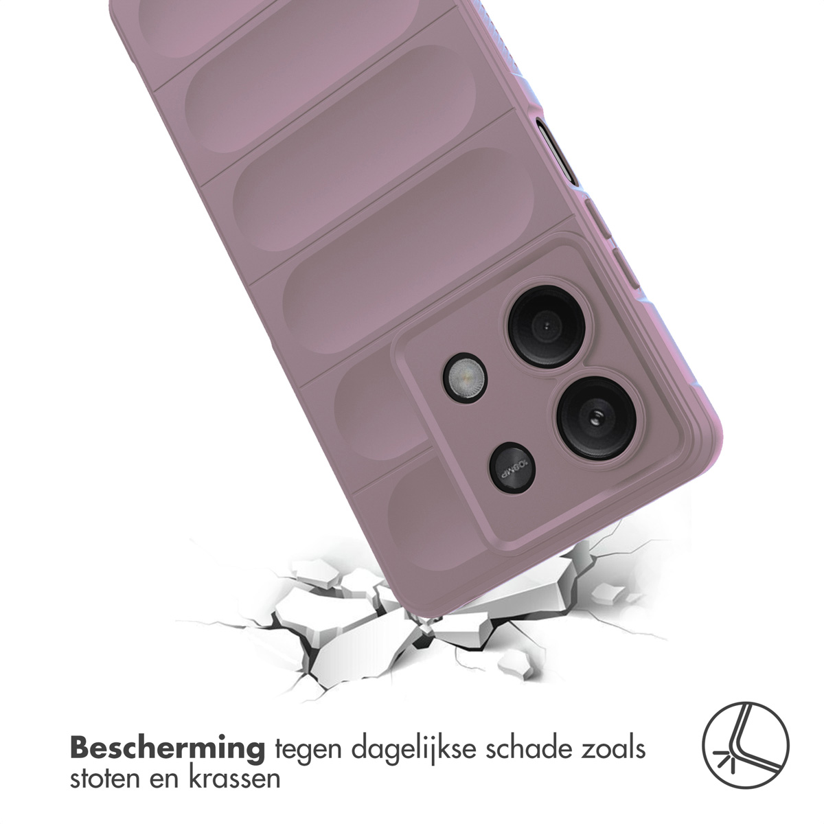 Ein lilafarbenes Handycover, das auf zerbrochenen Boden fällt.