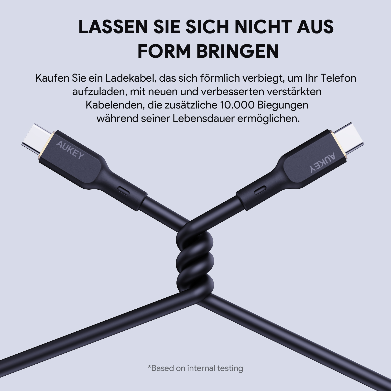 Schwarzes AUKEY-Ladekabel mit verdrehtem Abschnitt. Text: 'Lassen Sie sich nicht aus der Form bringen'.