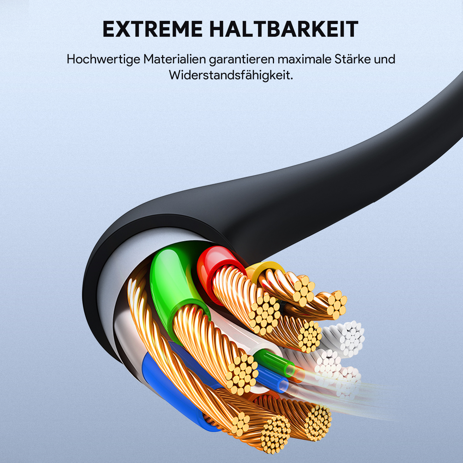 Nahaufnahme von mehrfarbigen Kabeln mit Anschnitt. Die Drähte sind zu einem Bündel angeordnet.