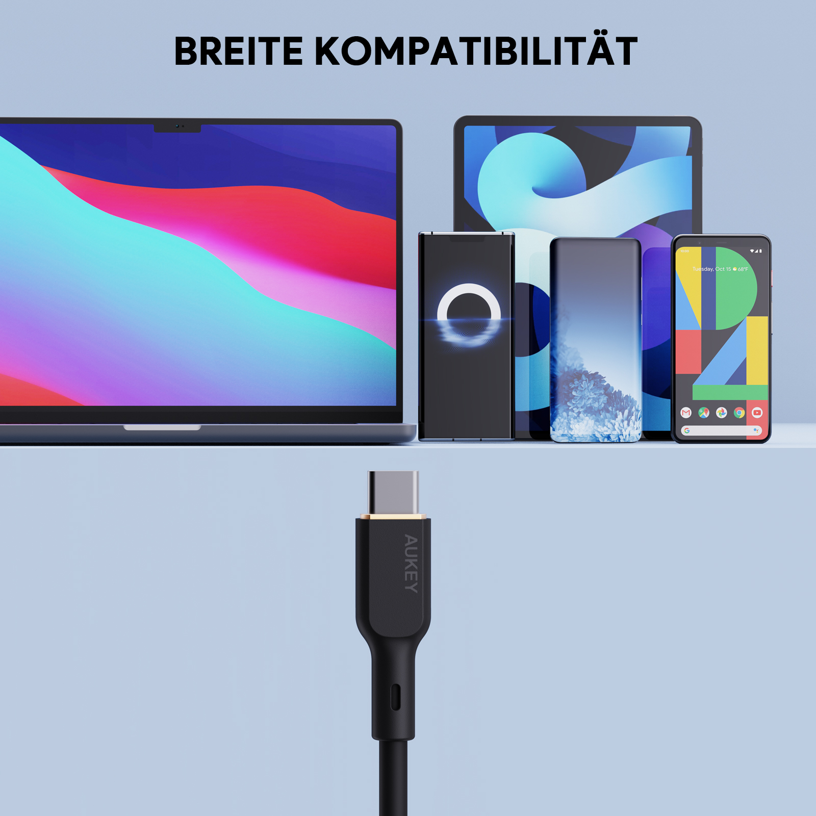 Mehrere Geräte, die mit einem schwarzen AUKEY USB-C-Kabel verbunden sind. Text: 'BREITE KOMPATIBILITÄT'.