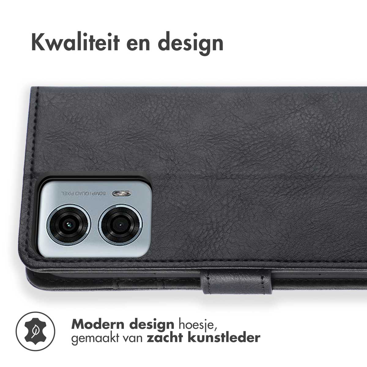 Een zwarte telefoonhoes met een portemonnee-ontwerp. Tekst: Modern design, gemaakt van zacht imitatieleer.
