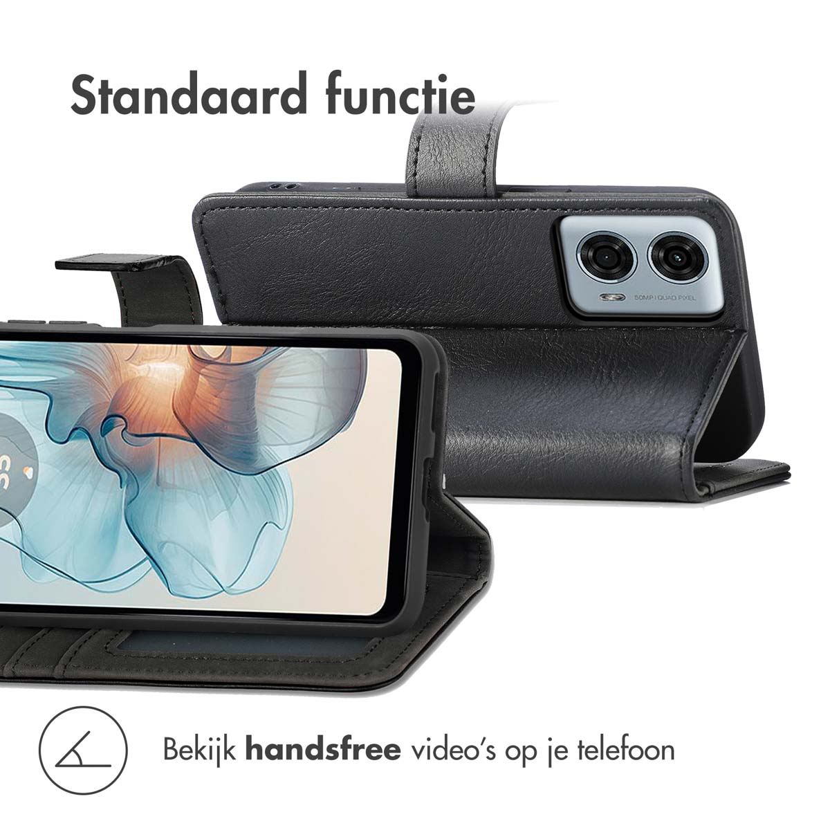 Een zwart lederen flip case voor een staande smartphone.