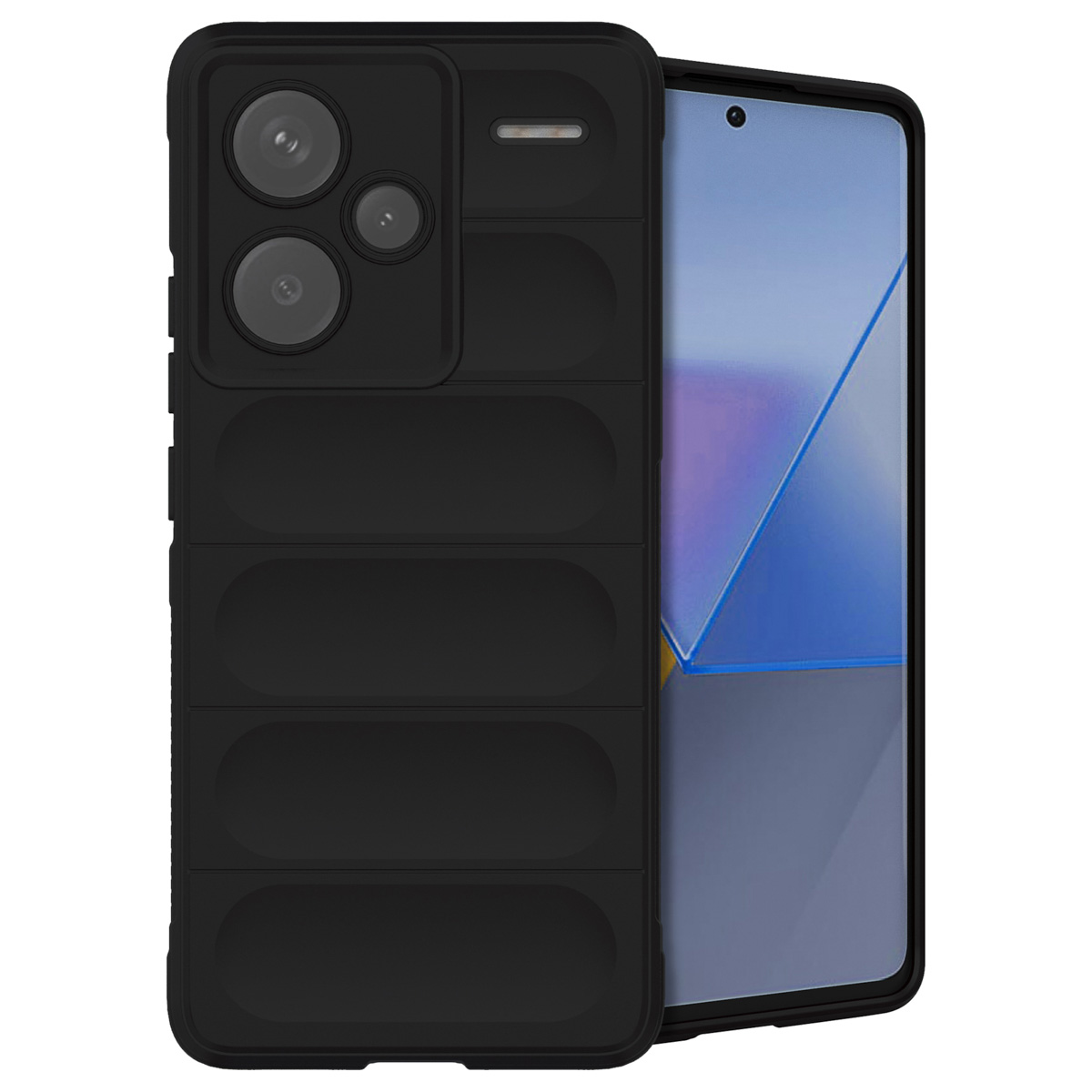 Een zwart telefoonhoesje met de telefoon erin. De hoes heeft een cameralensafdekking. Witte achtergrond.
