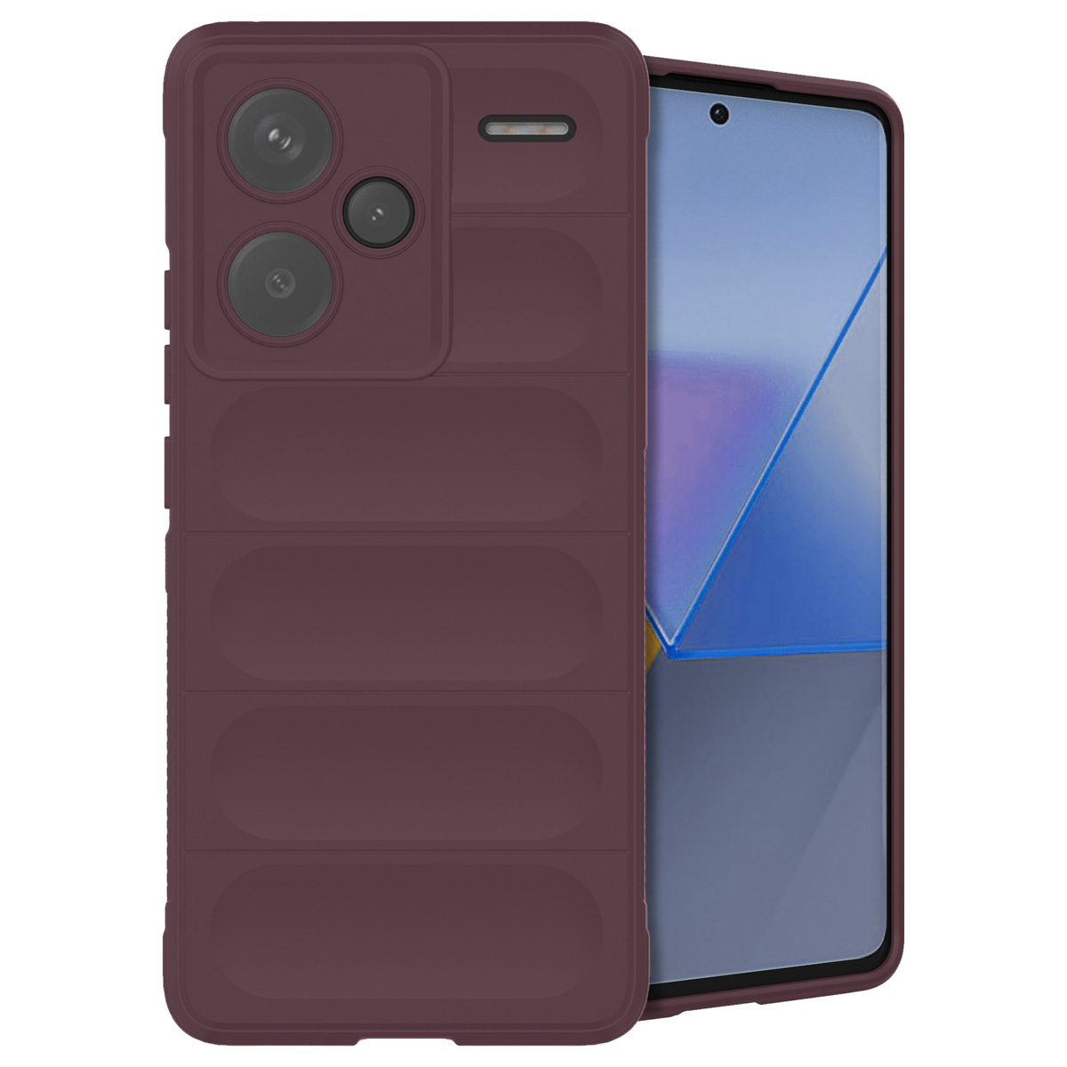 Bordeaux telefoonhoes op een telefoon met een scherm met een geometrisch patroon.