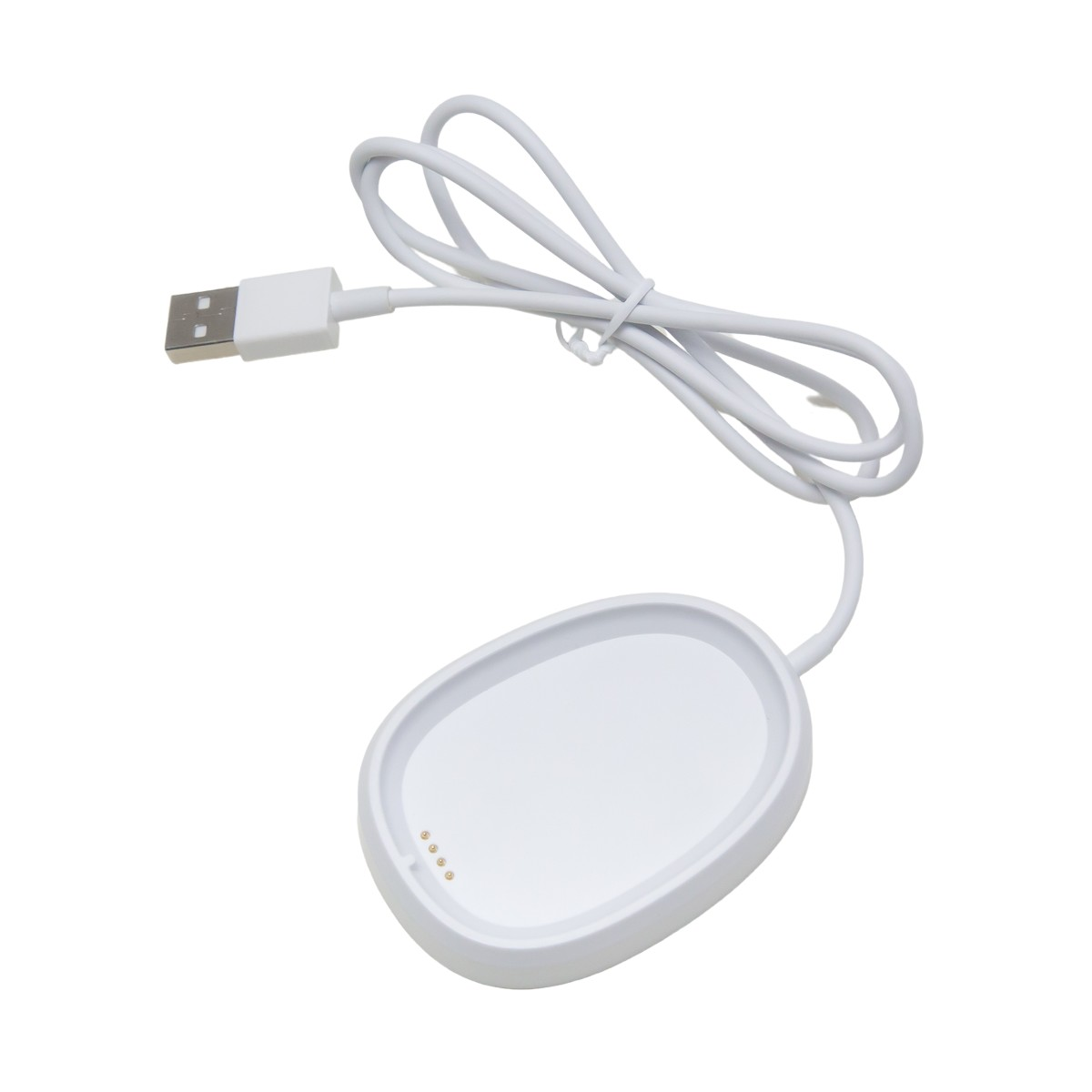 Weißes, ovales kabelloses Ladegerät mit USB-Kabel. Das Ladegerät hat 4 Ladepins.