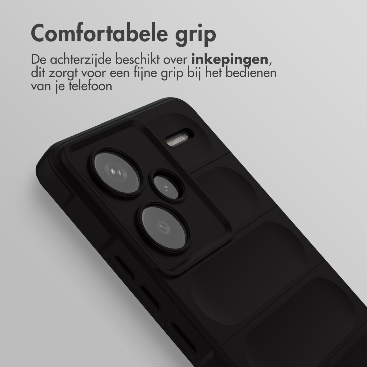 Een zwarte telefoonhoes met een telefoon. De hoes heeft een camera-uitsparing en een scherm.