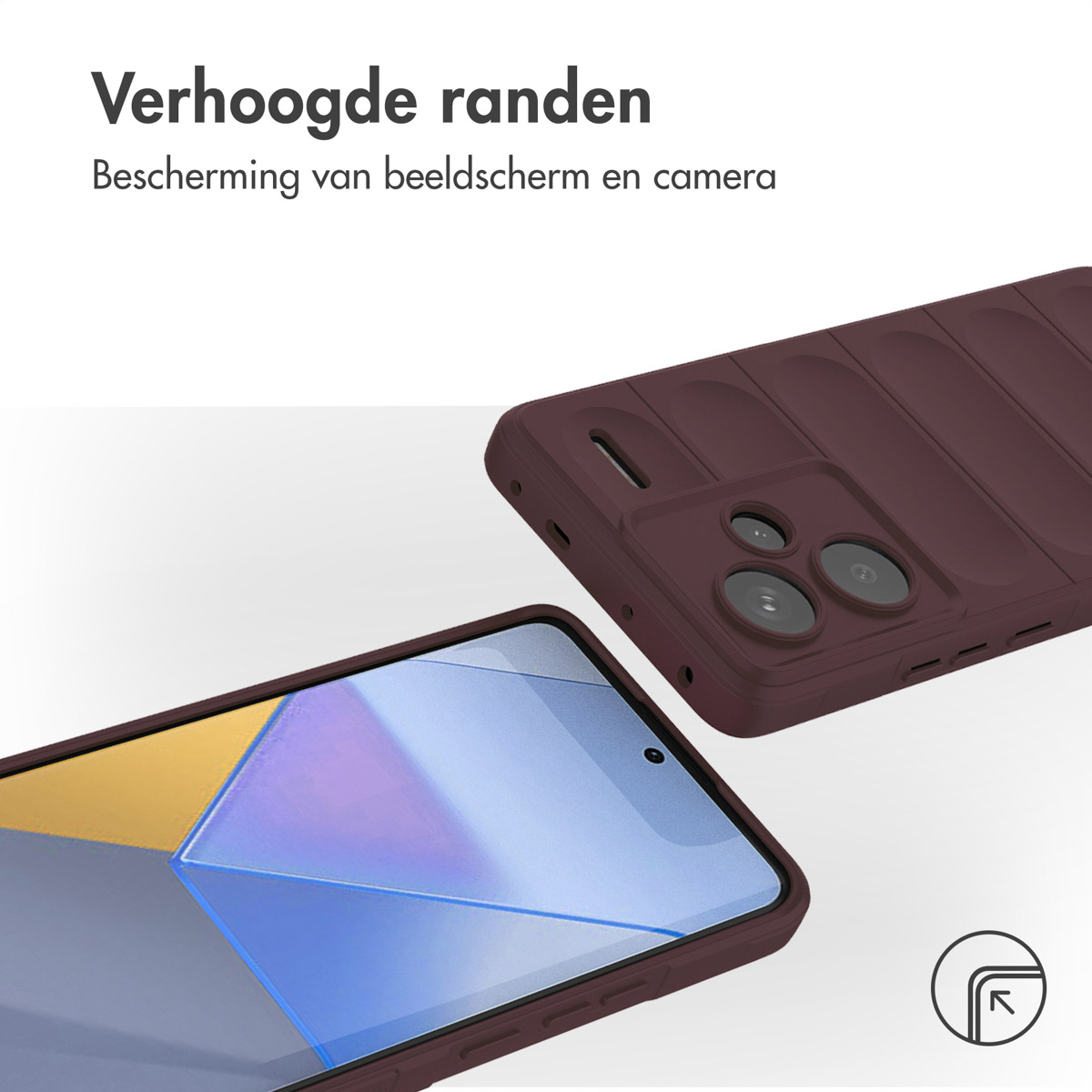 Bordeaux telefoonhoes met verhoogde randen. Tekst: Bescherming van scherm en camera.