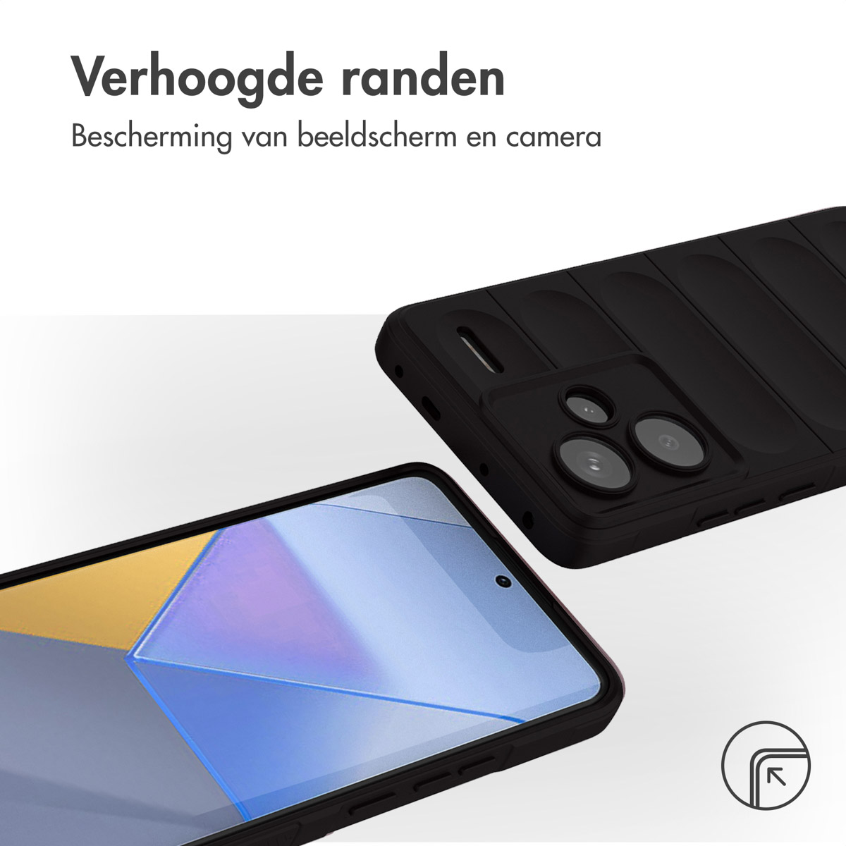 Telefoonhoes met verhoogde randen. Twee telefoons, één in hoes, één eruit. Zwarte achtergrond.