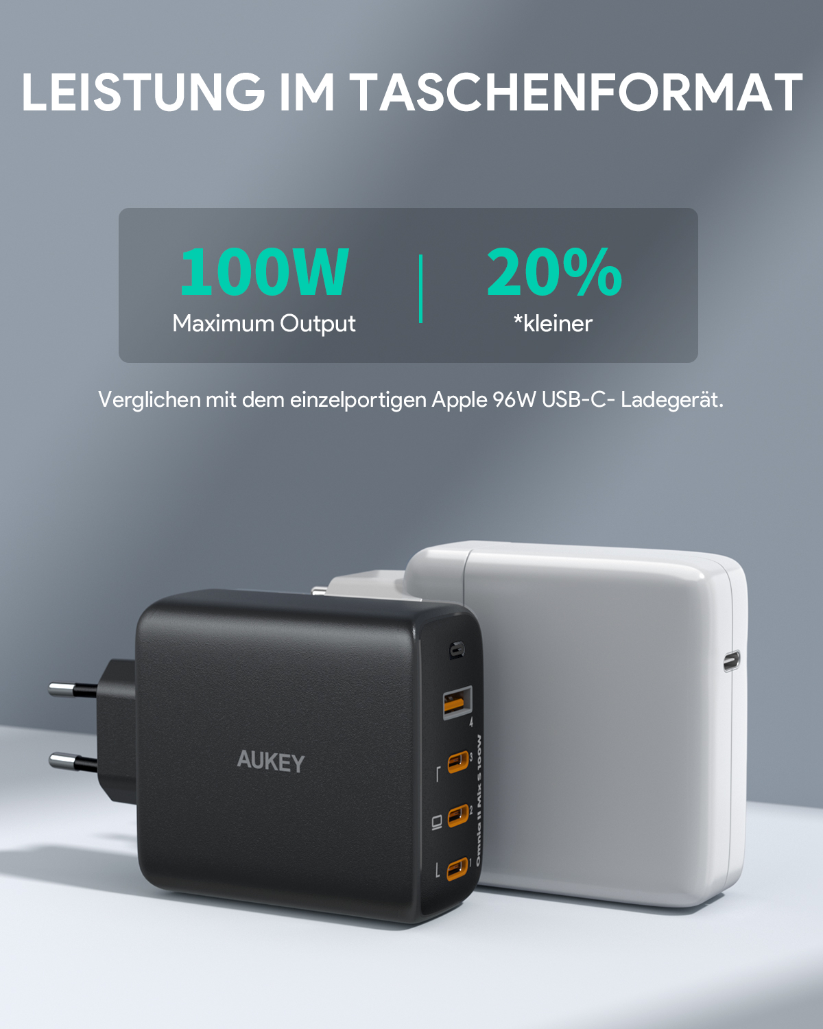 Schwarz-weißes Ladegerät mit mehreren USB-Anschlüssen. Produktdetails sichtbar.