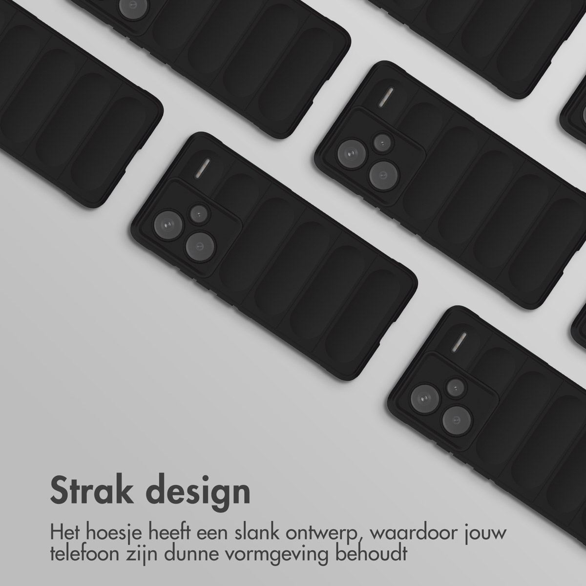 Verschillende zwarte telefoonhoesjes met een strak design. Tekst: Strak design.