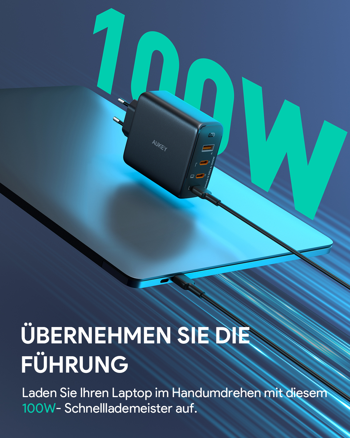 Ein schwarzes AUKEY-Ladegerät, das an einen Laptop angeschlossen ist, mit einer großen 100W-Grafik.