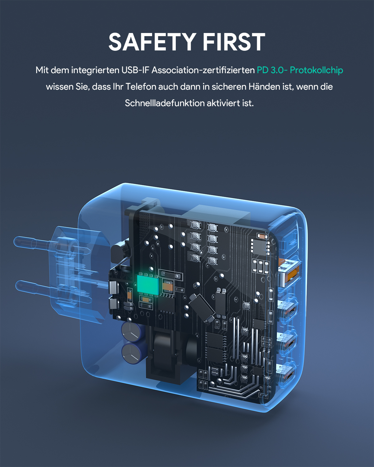 Transparenter Ladegerät mit sichtbaren Innenkomponenten. Text weist auf PD 3.0 Protokoll für sicheres, schnelles Laden hin.