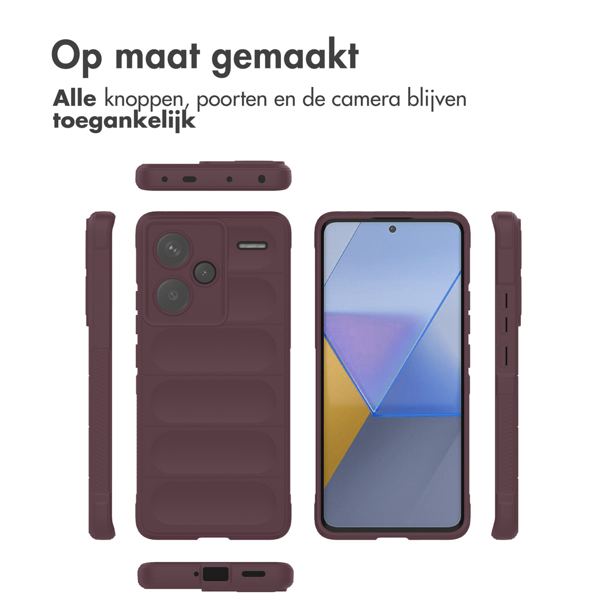 Bordeauxrode telefoonhoes. Meerdere weergaven: voor-, achter- en zijkant, met toegang tot camera en knoppen.