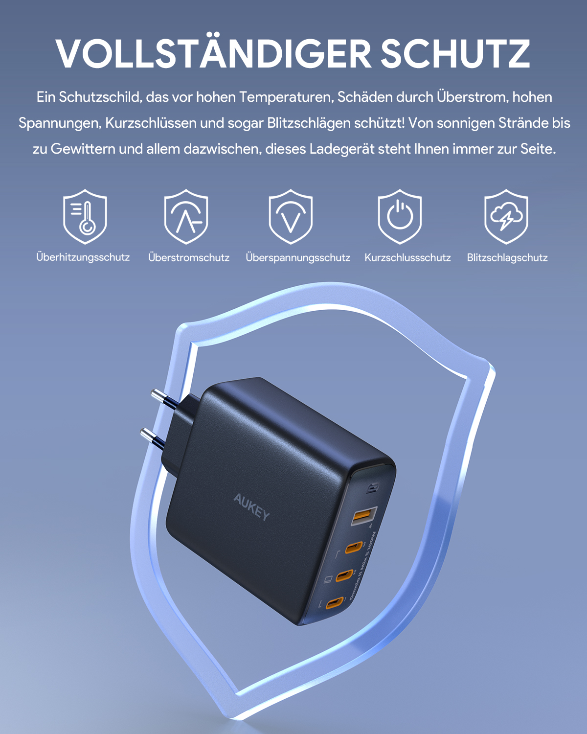 Schwarzes Ladegerät mit Steckern und Symbolen, platziert in einem blauen Schild, auf blauem Hintergrund.