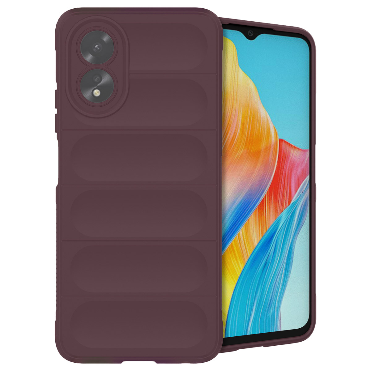 Une coque de téléphone bordeaux sur un téléphone avec deux objectifs, sur fond blanc.