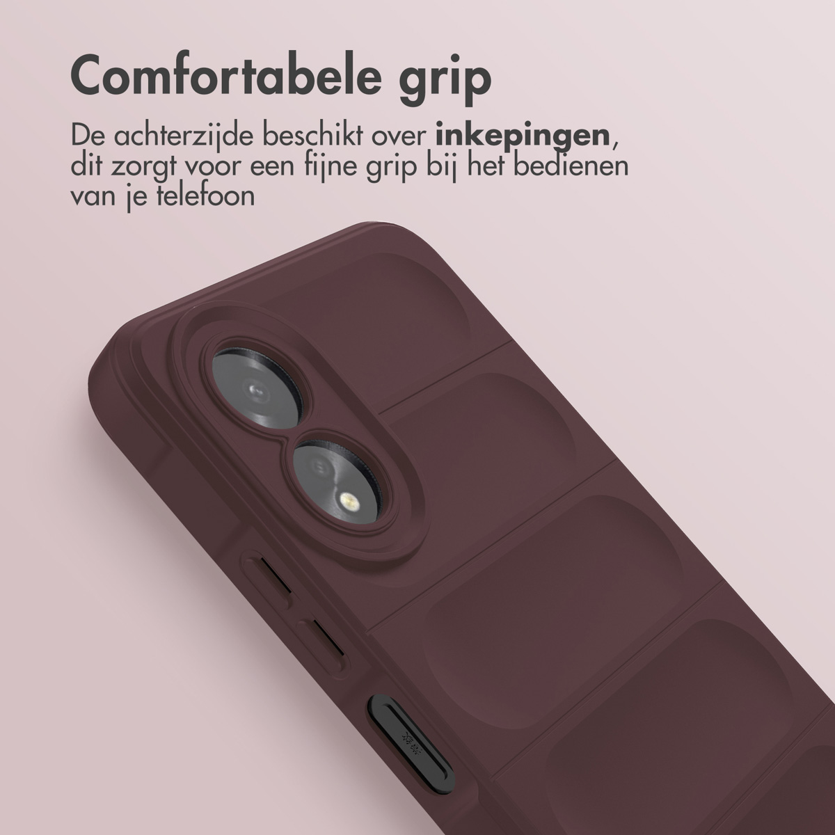Coque bordeaux avec découpes pour boutons et ports sur le côté.