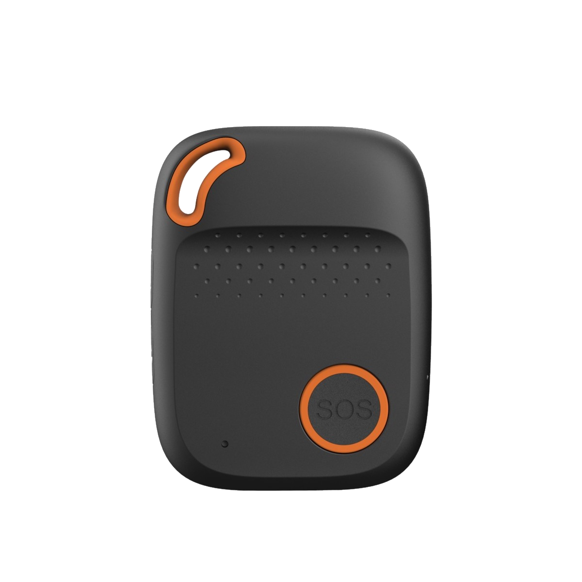 Schwarzer, quadratischer Tracker mit orangefarbenem SOS-Knopf und orangefarbener Schlaufe.