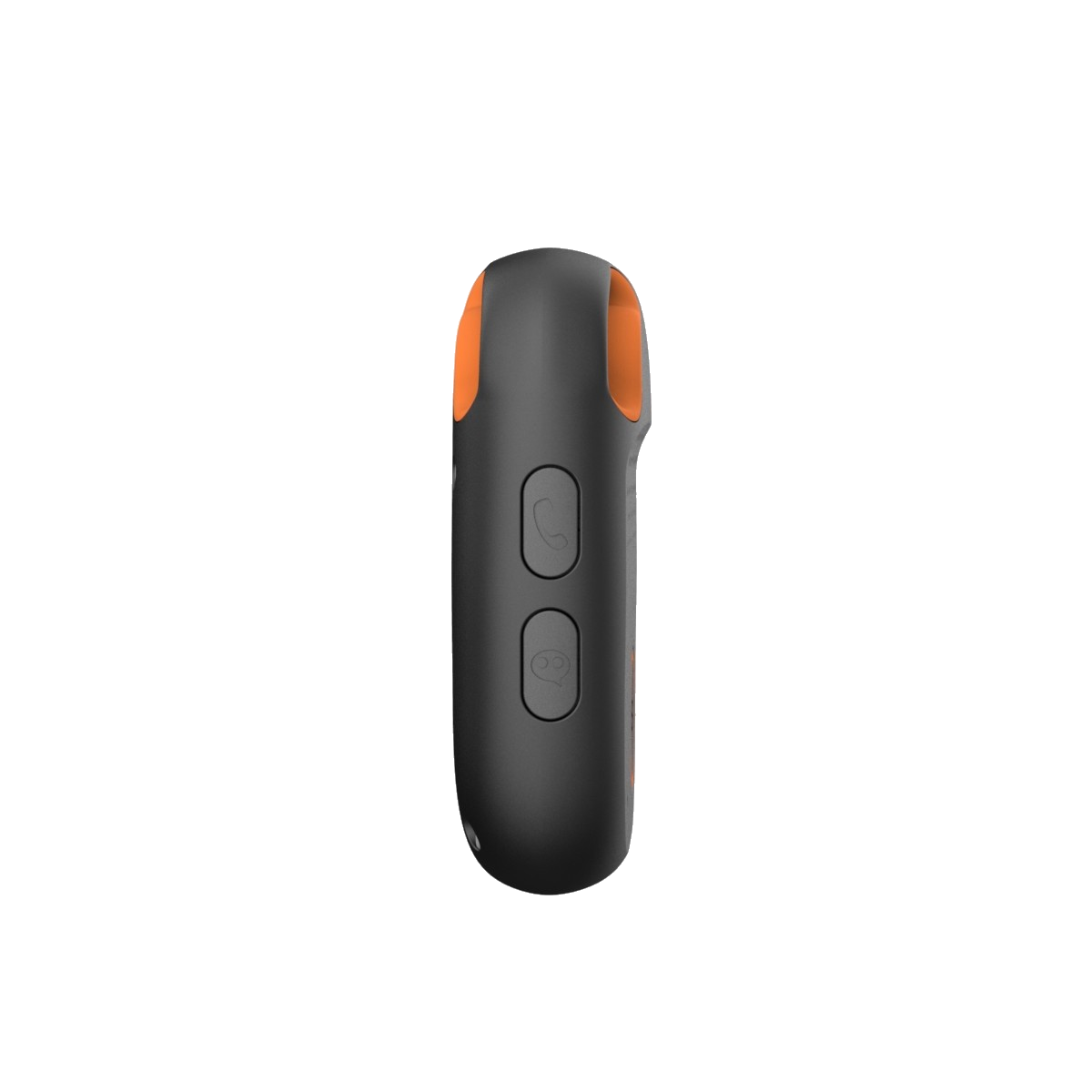 Eine schwarz-orange Fernbedienung mit zwei Tasten. Die Seitenansicht ist im Fokus.