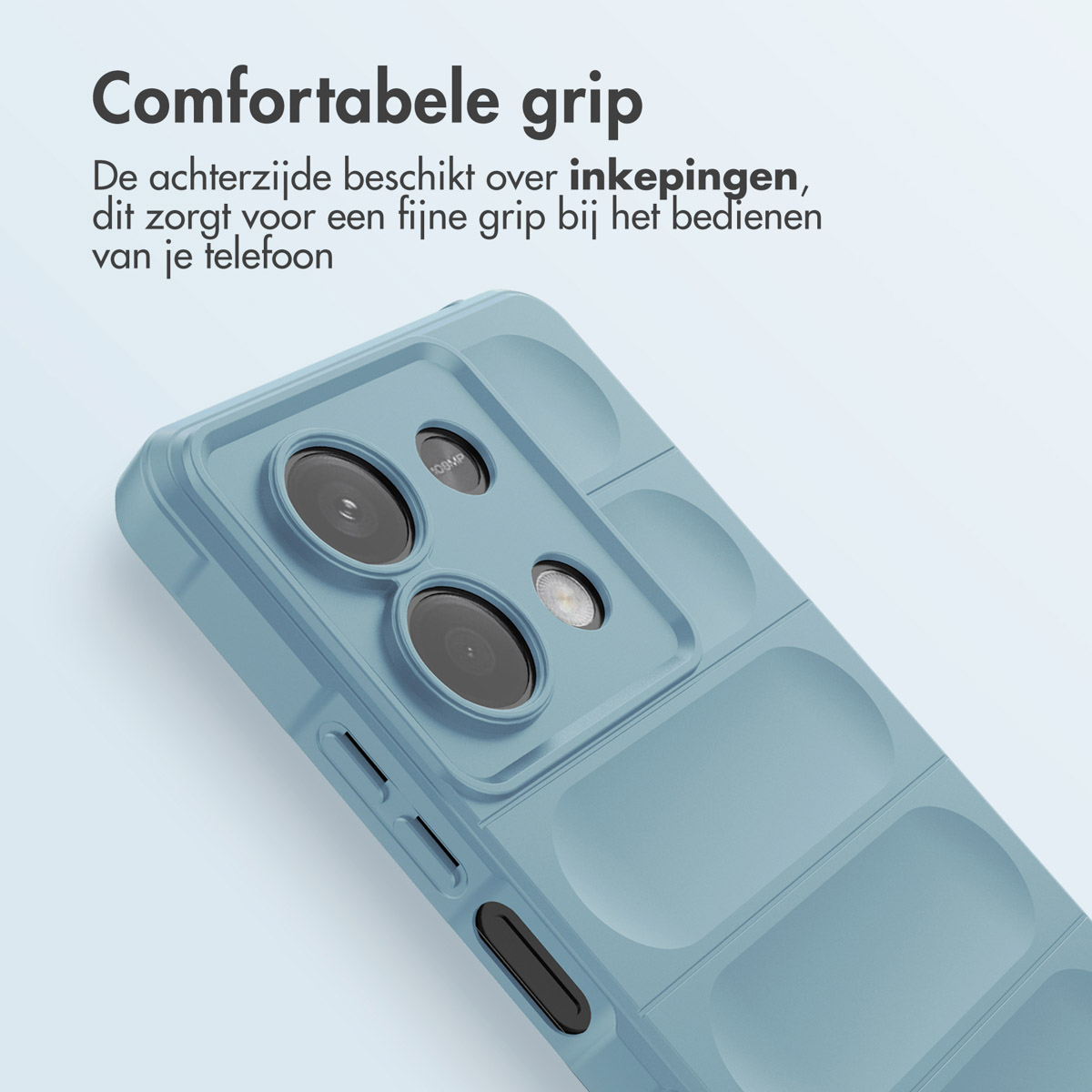 Close-up van een blauw telefoonhoesje met een getextureerde achterkant. Er zijn camera-uitsparingen.