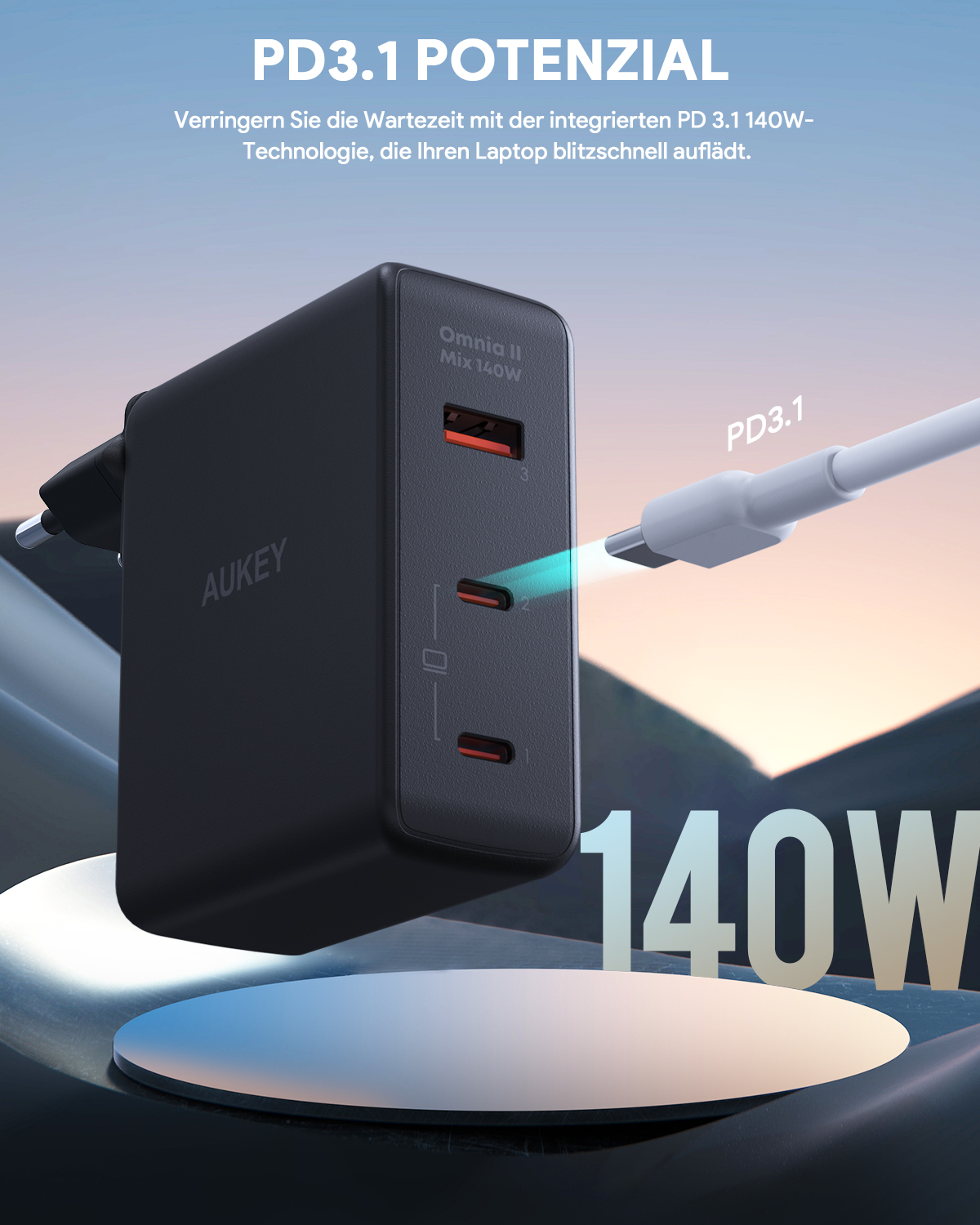 Schwarzes AUKEY Ladegerät mit zwei USB-C-Anschlüssen, weißem Kabel und Hinweis auf 140W und PD3.1.