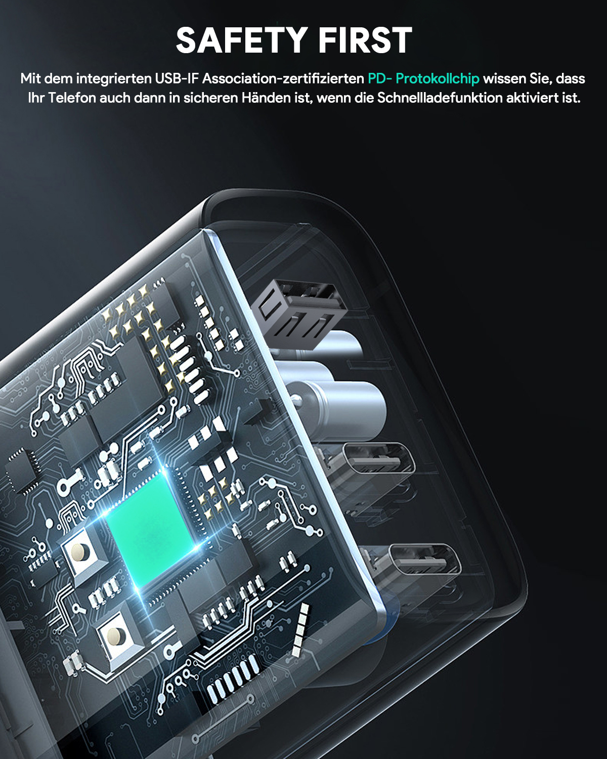 Nahaufnahme eines schwarzen Netzadapters mit mehreren Anschlüssen. Der Adapter ist geöffnet.