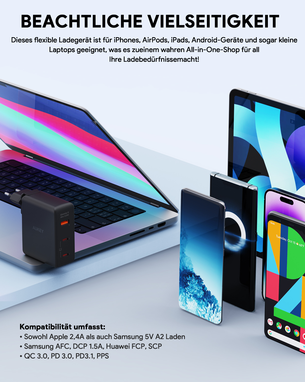 Ein schwarzes und orangefarbenes Netzteil mit mehreren Geräten. Die Geräte sind Telefone und Tablets. Es liegt auf einem Tisch.