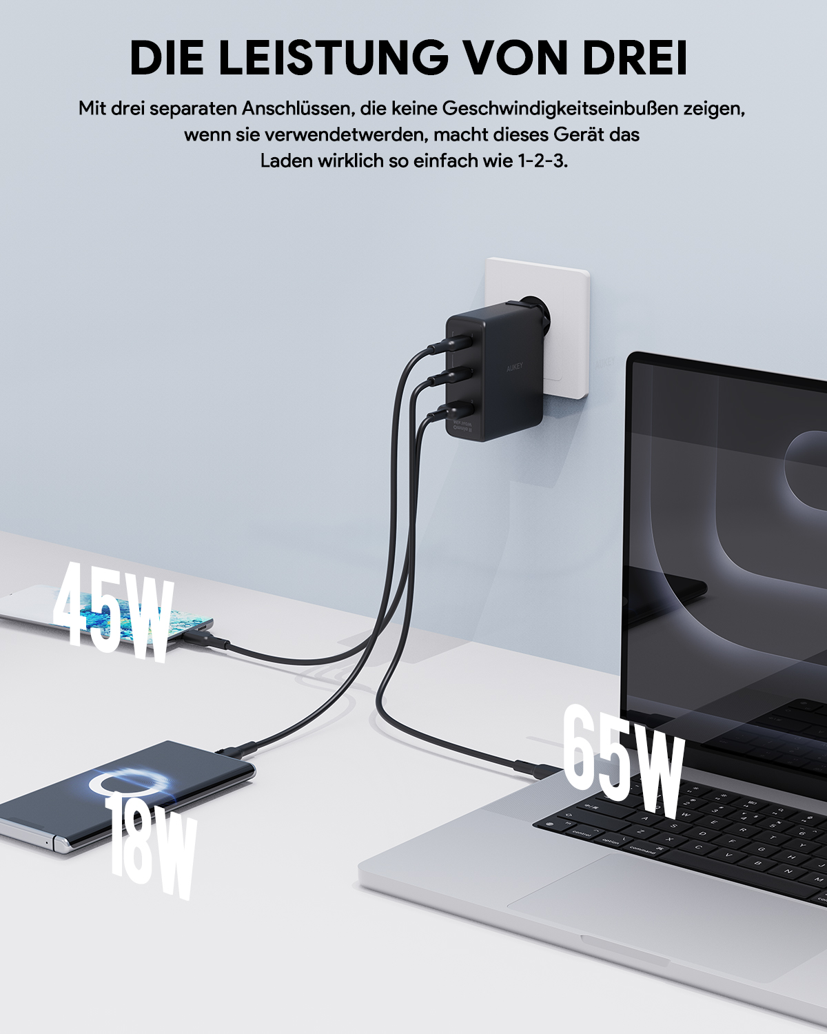 Schwarzer Netzadapter mit mehreren Steckern, die an Laptop, Telefon und Tablet angeschlossen sind.