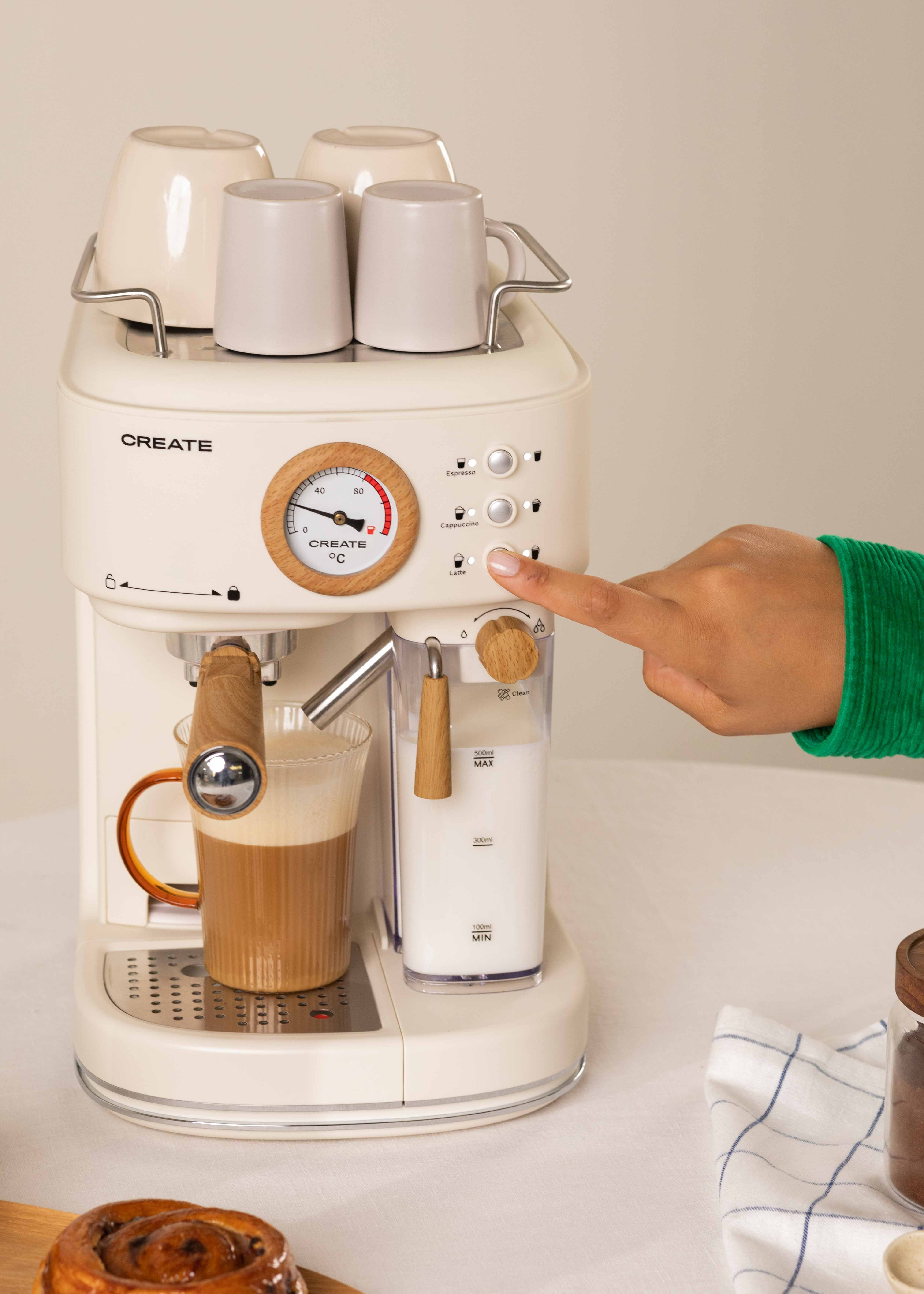 Cafetera express - CREATE THERA RETRO PRO, Control térmico inteligente, 20 bar, 1250 W, 2 tazas, Blanco roto