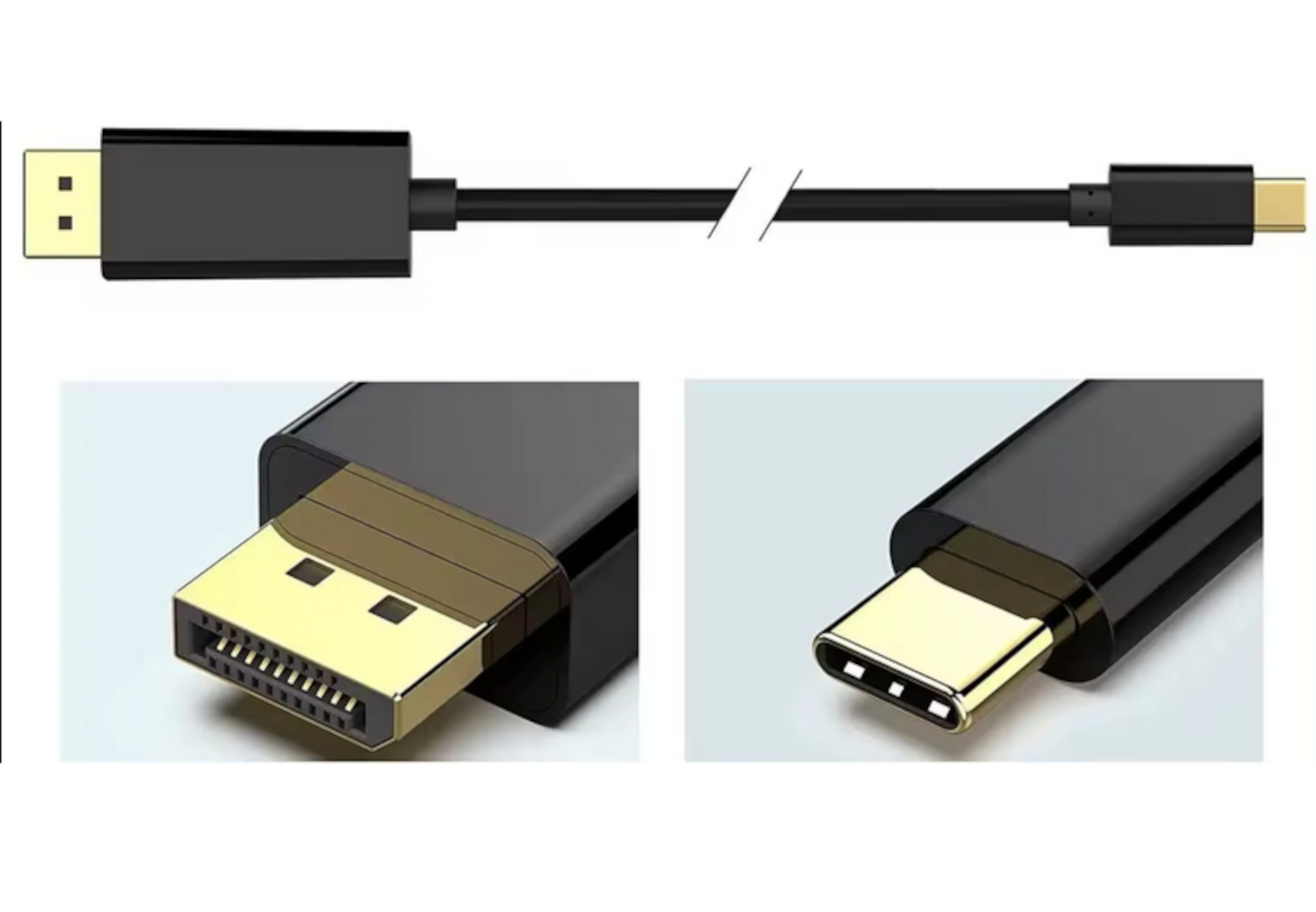 Schwarzes USB-C-zu-DisplayPort-Adapterkabel. Nahaufnahmen der Anschlüsse an jedem Ende sind zu sehen.