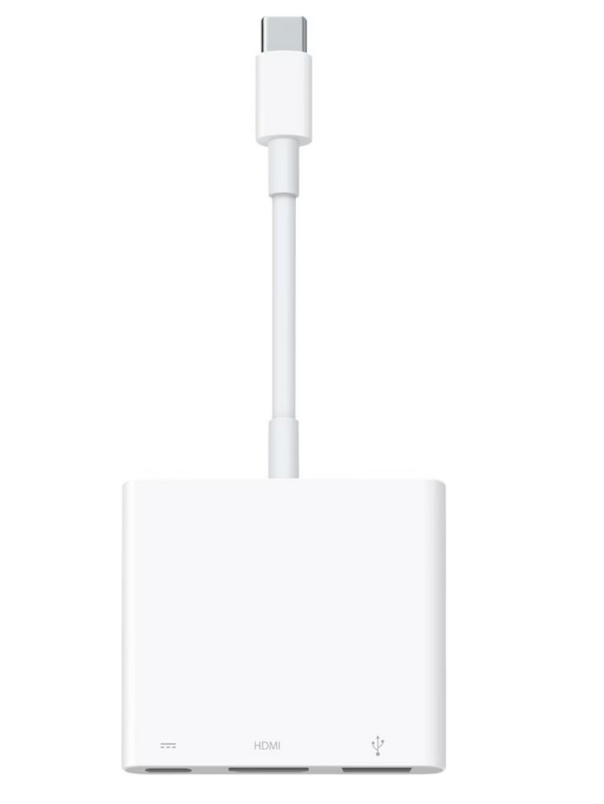 Weißer Adapter mit USB-C-Anschluss und HDMI- und USB-Anschlüssen.
