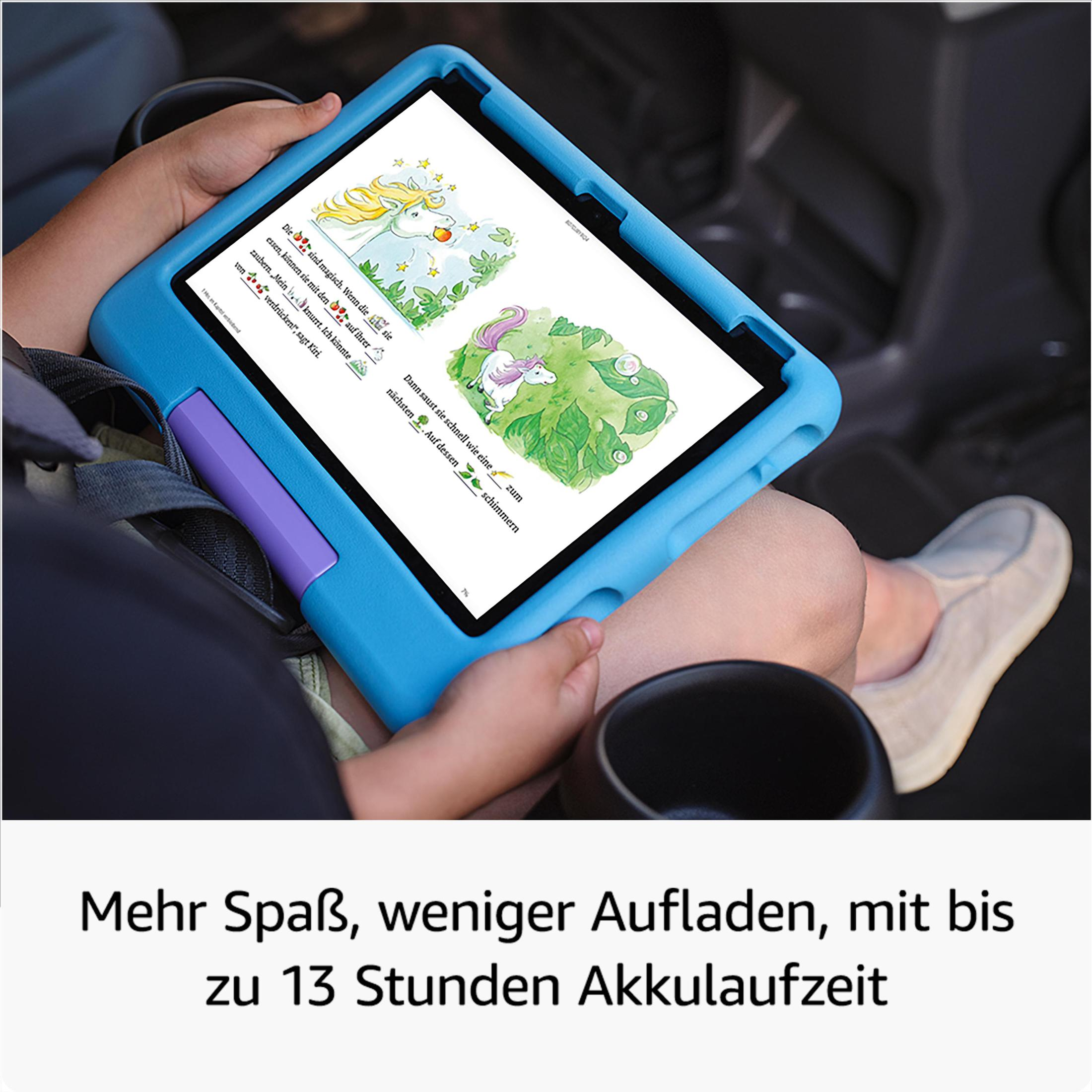 Ein Kind benutzt ein Tablet mit einer Einhorn-Geschichte. Das Tablet befindet sich in einem blau-violetten Gehäuse.