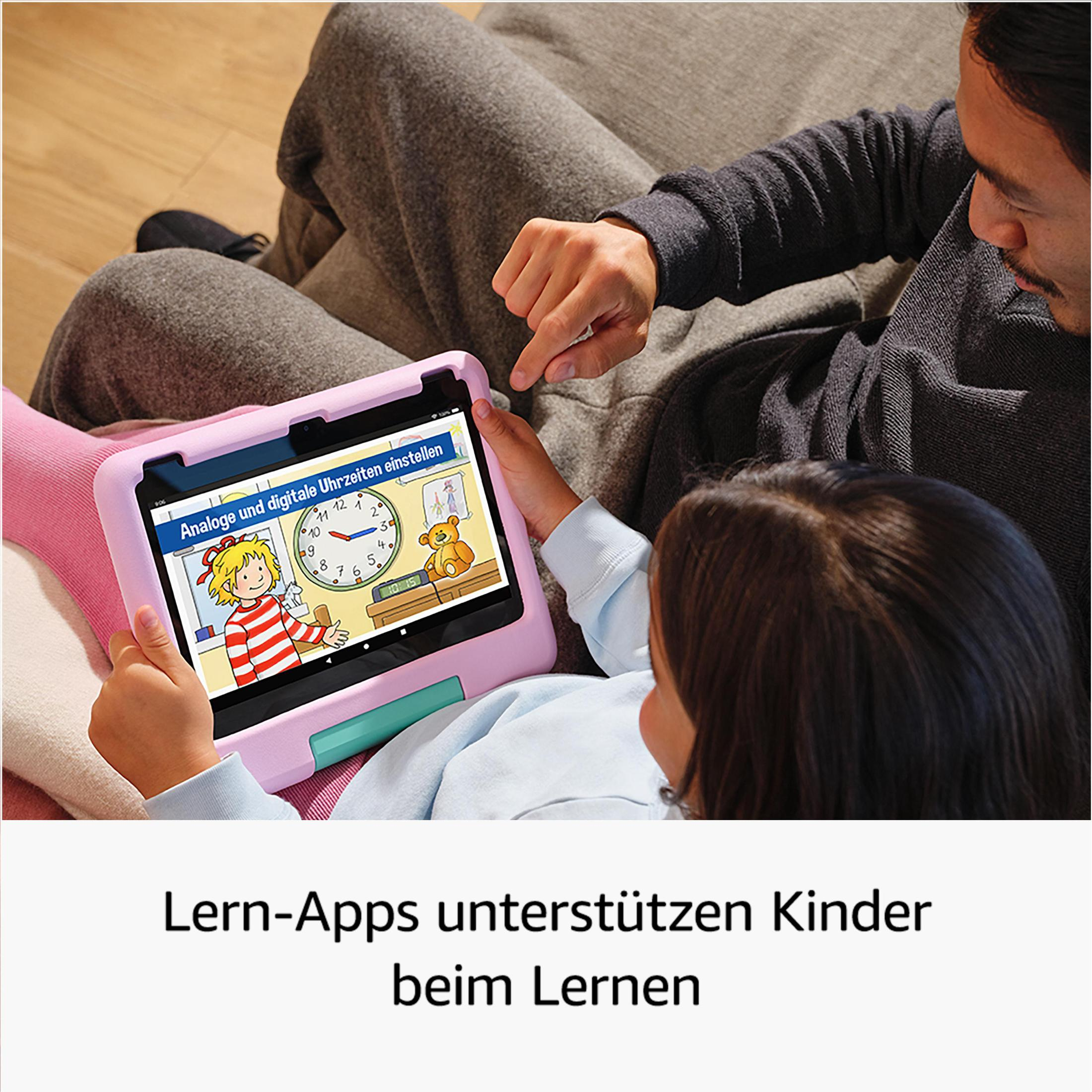 Kind benutzt pinkfarbenes Tablet mit Erwachsenem. Tablet zeigt Uhr-App.